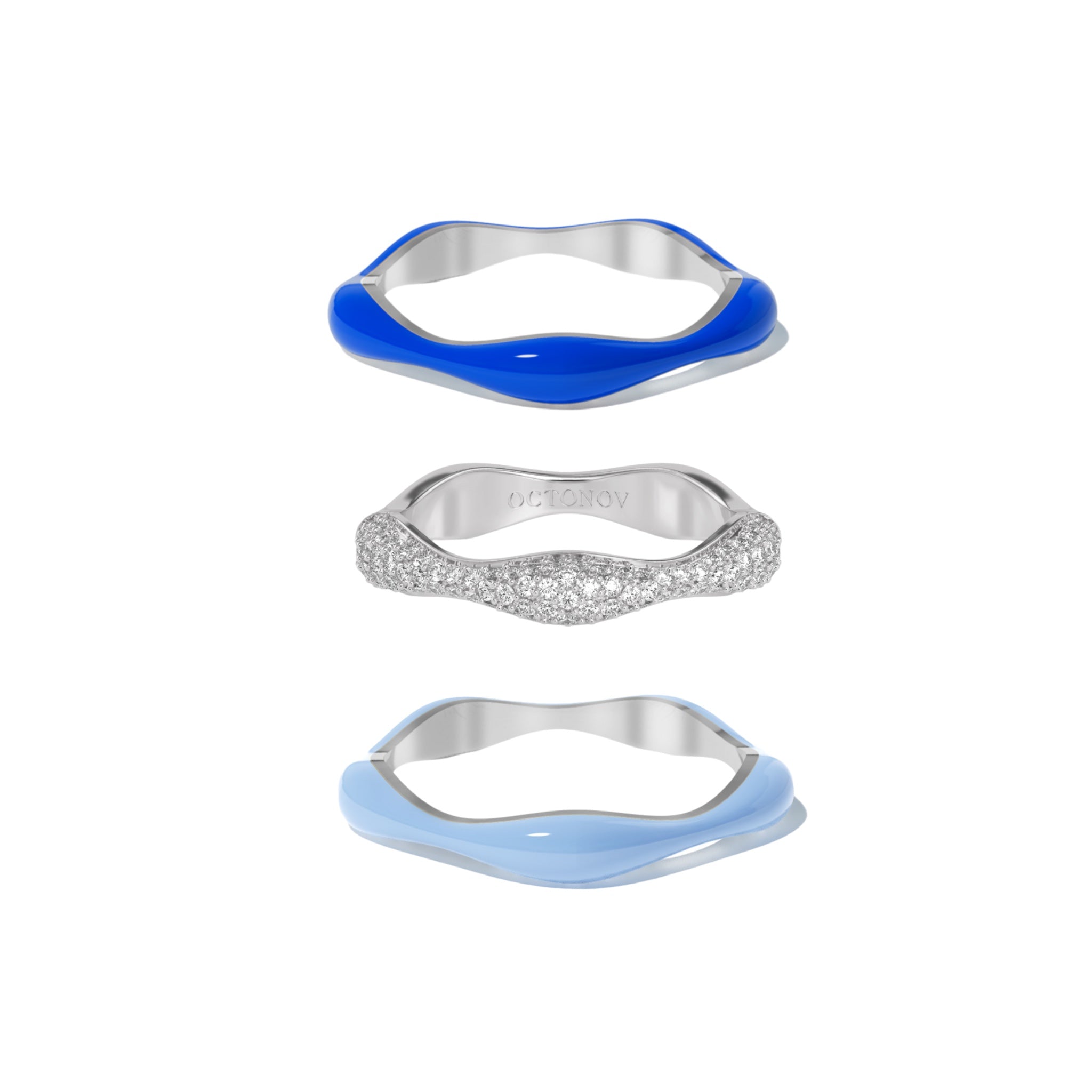 Sorbet Swirls Blue Moon & Royal Blue Enamel & Diamond Swirls Stacker Ring Set of 3 - Octonov
