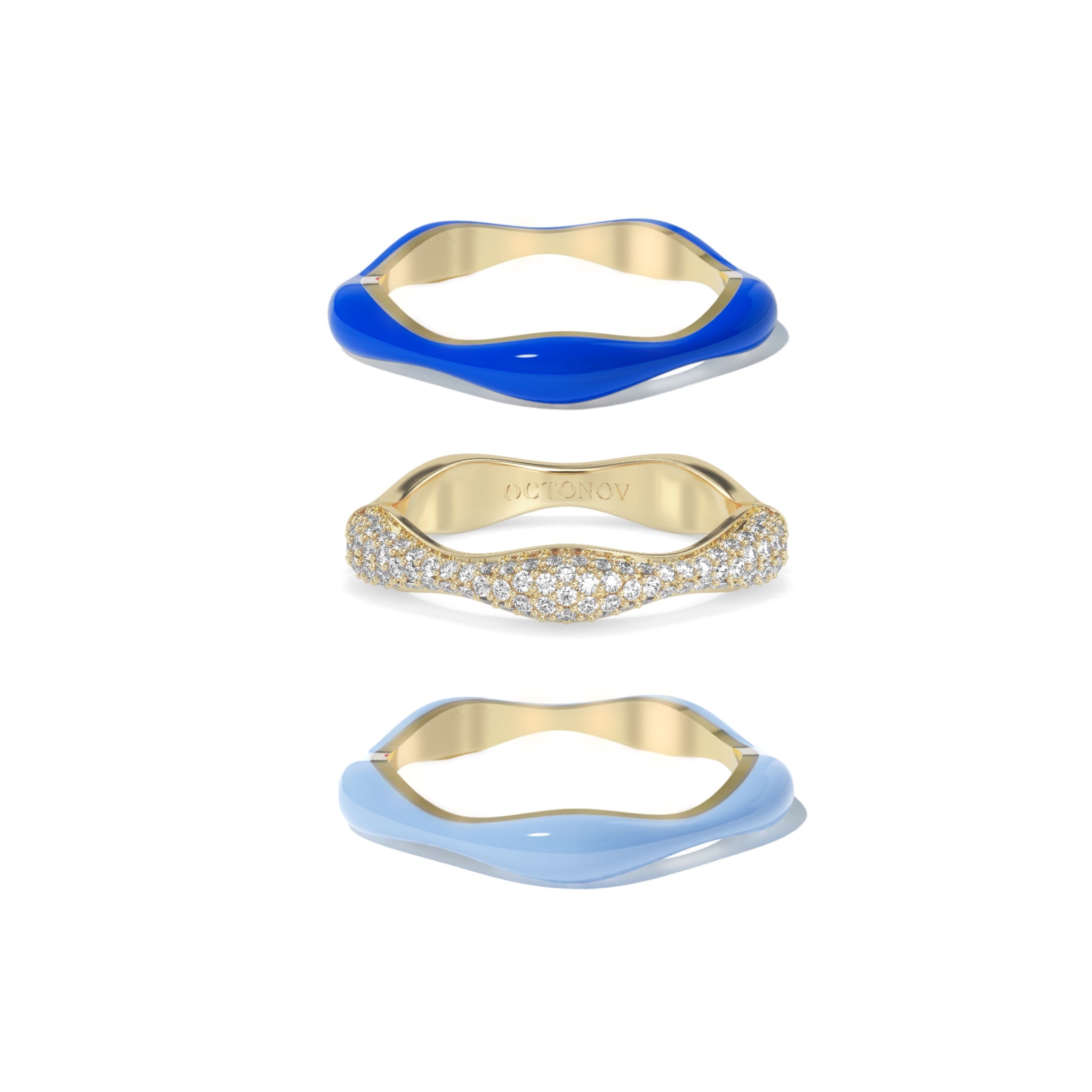 Sorbet Swirls Blue Moon & Royal Blue Enamel & Diamond Swirls Stacker Ring Set of 3 - Octonov