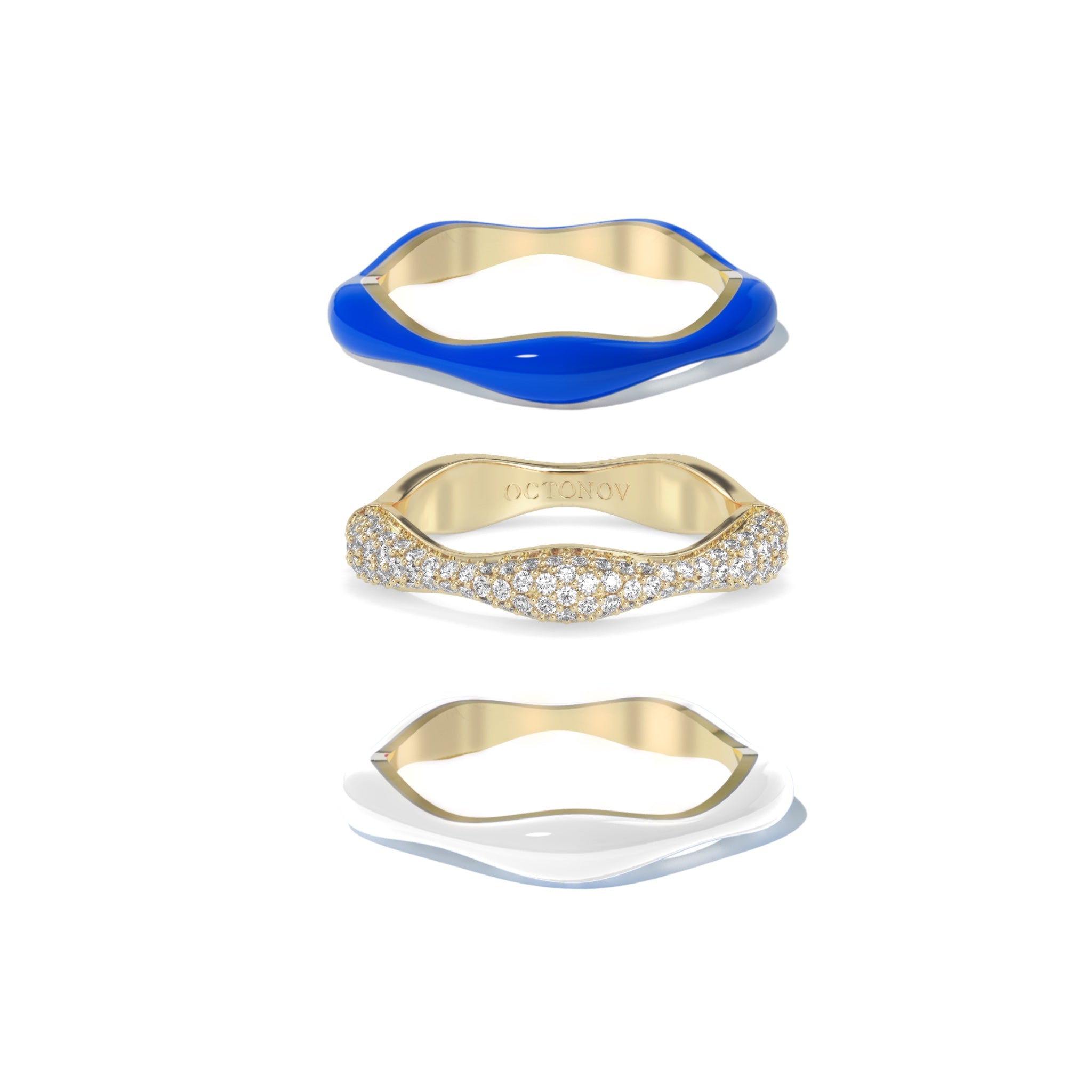 Sorbet Swirls Royal Blue & Vanilla Enamel & Diamond Swirls Stacker Ring Set of 3 - Octonov
