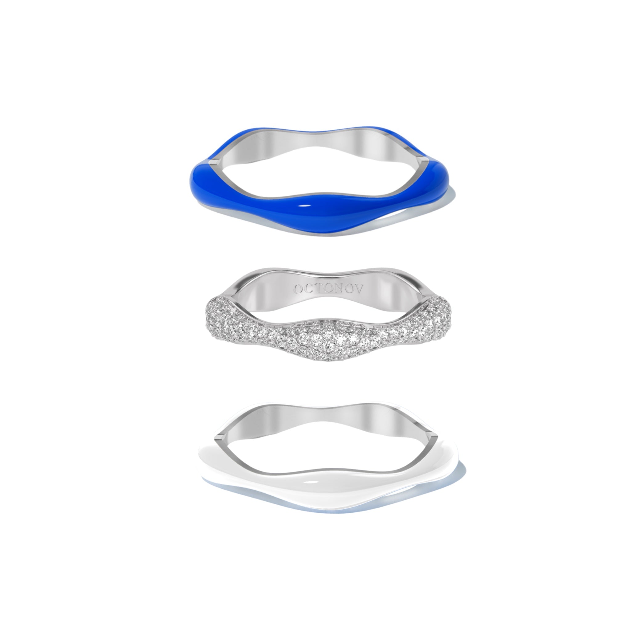 Sorbet Swirls Royal Blue & Vanilla Enamel & Diamond Swirls Stacker Ring Set of 3 - Octonov