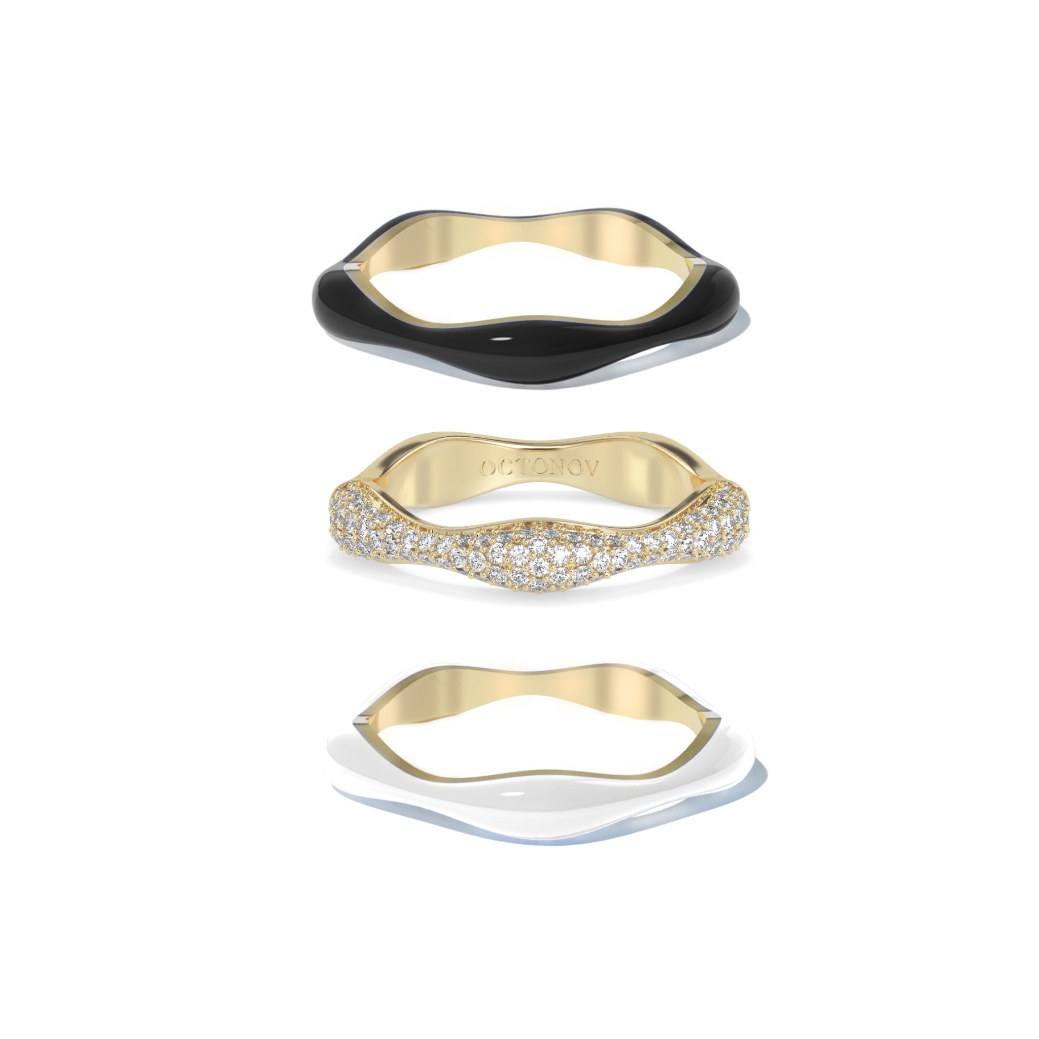 Sorbet Swirls Black & Vanilla Enamel & Diamond Swirls Stacker Ring Set of 3 - Octonov