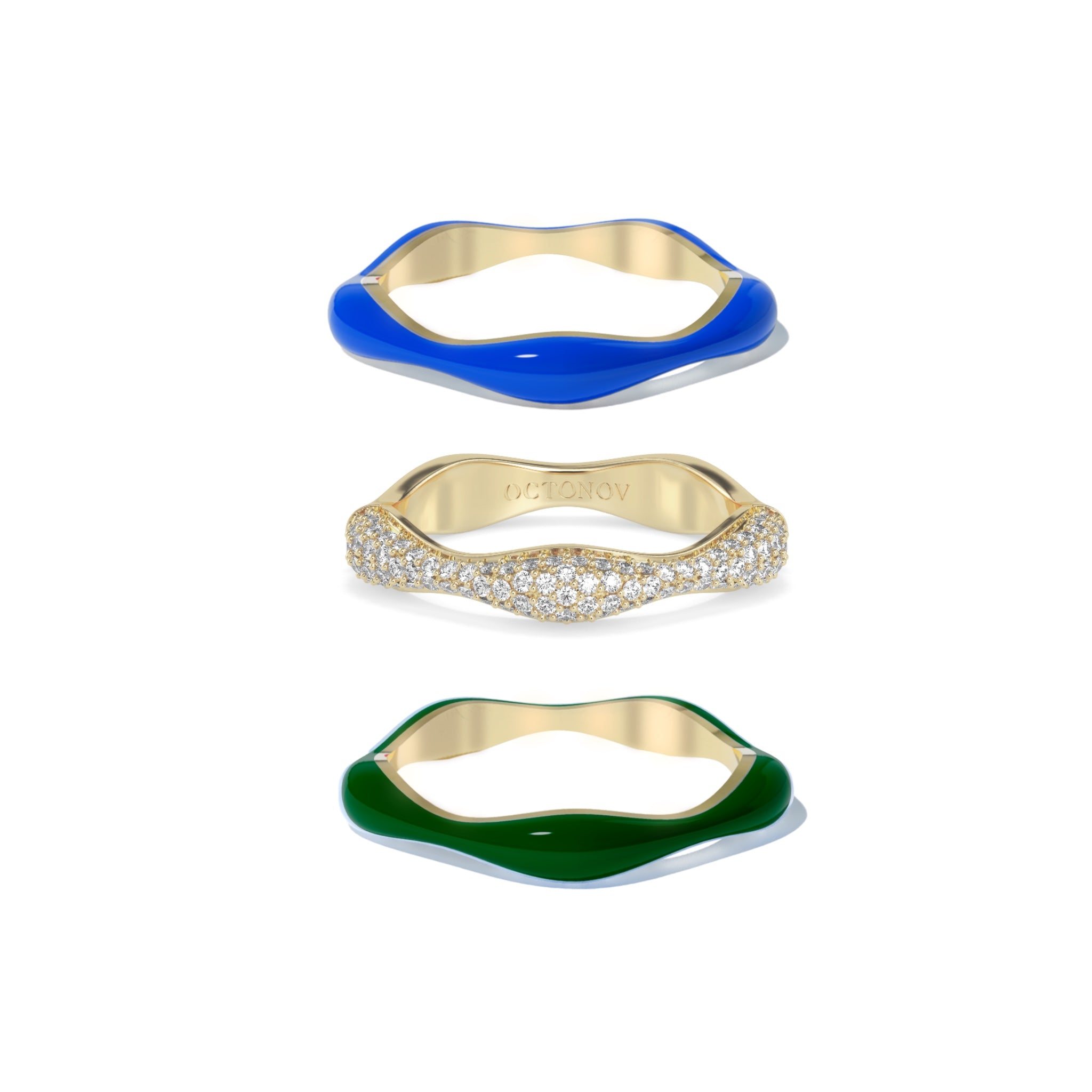 Sorbet Swirls Royal Blue & Dark Green Enamel & Diamond Swirls Stacker Ring Set of 3 - Octonov