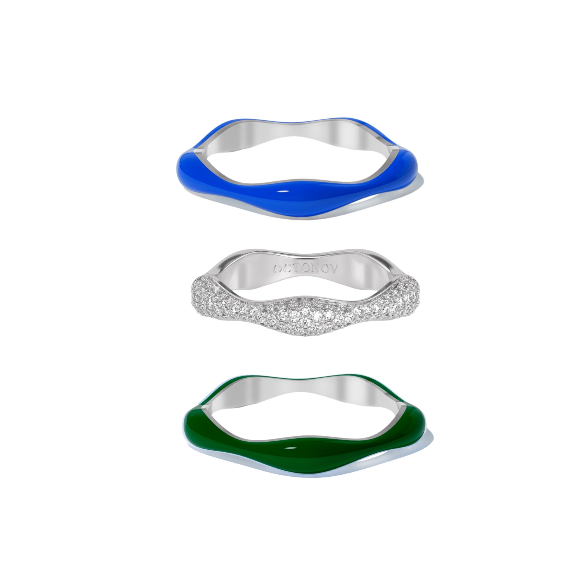 Sorbet Swirls Royal Blue & Dark Green Enamel & Diamond Swirls Stacker Ring Set of 3 - Octonov