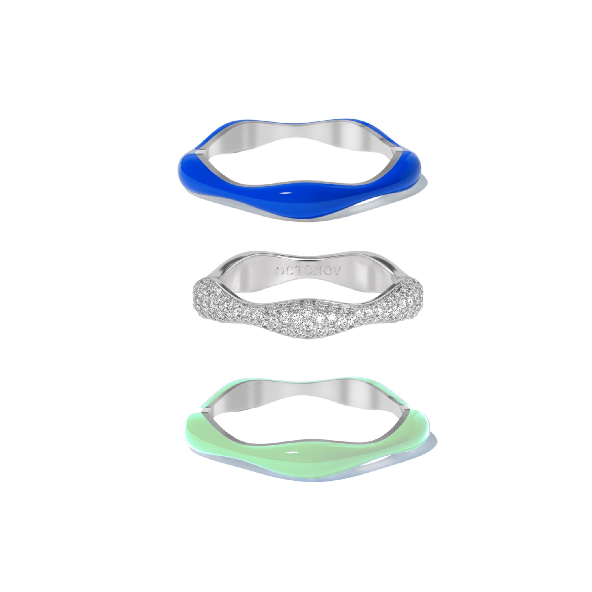 Sorbet Swirls Royal Blue & Matcha Green Enamel & Diamond Swirls Stacker Ring Set of 3 - Octonov