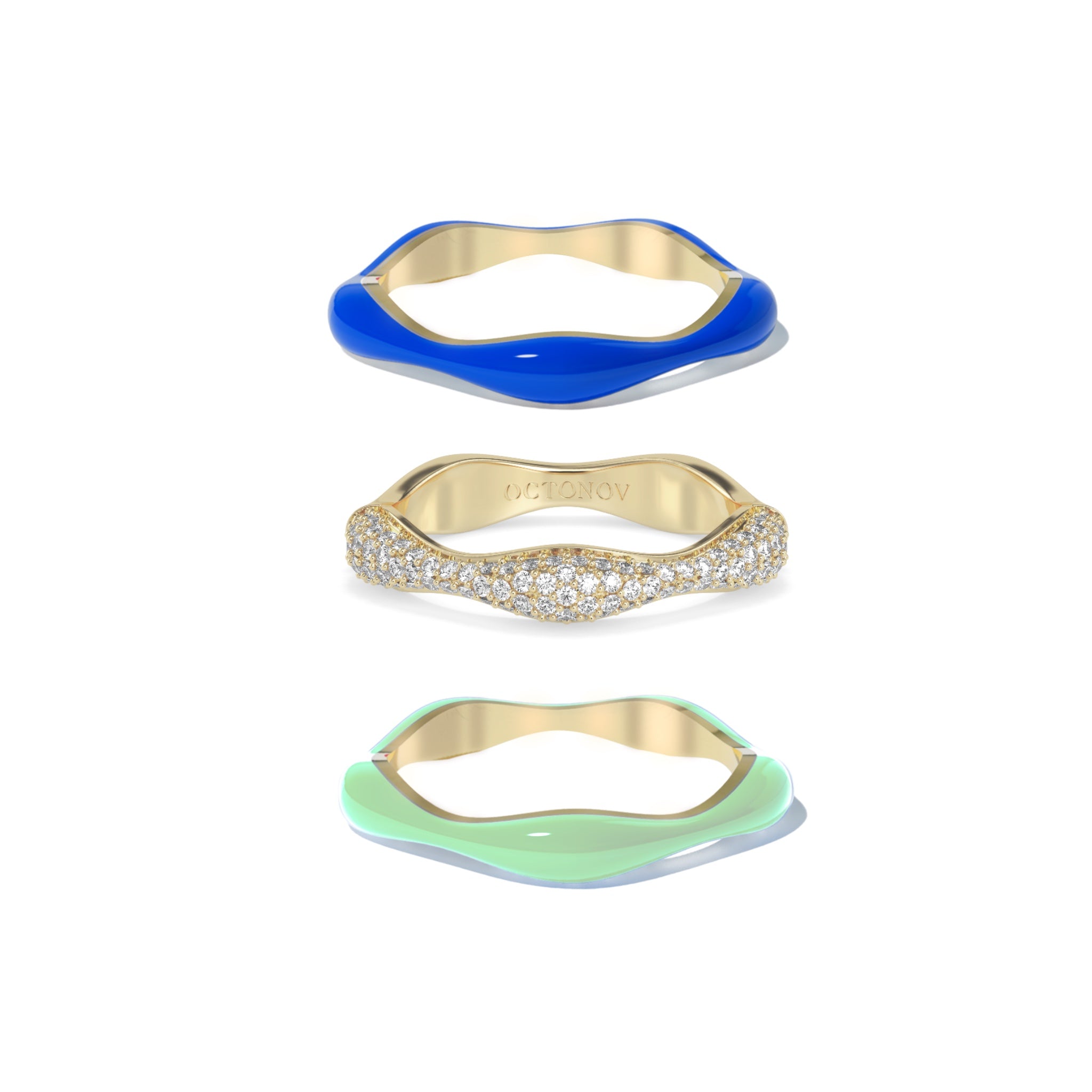 Sorbet Swirls Royal Blue & Matcha Green Enamel & Diamond Swirls Stacker Ring Set of 3 - Octonov