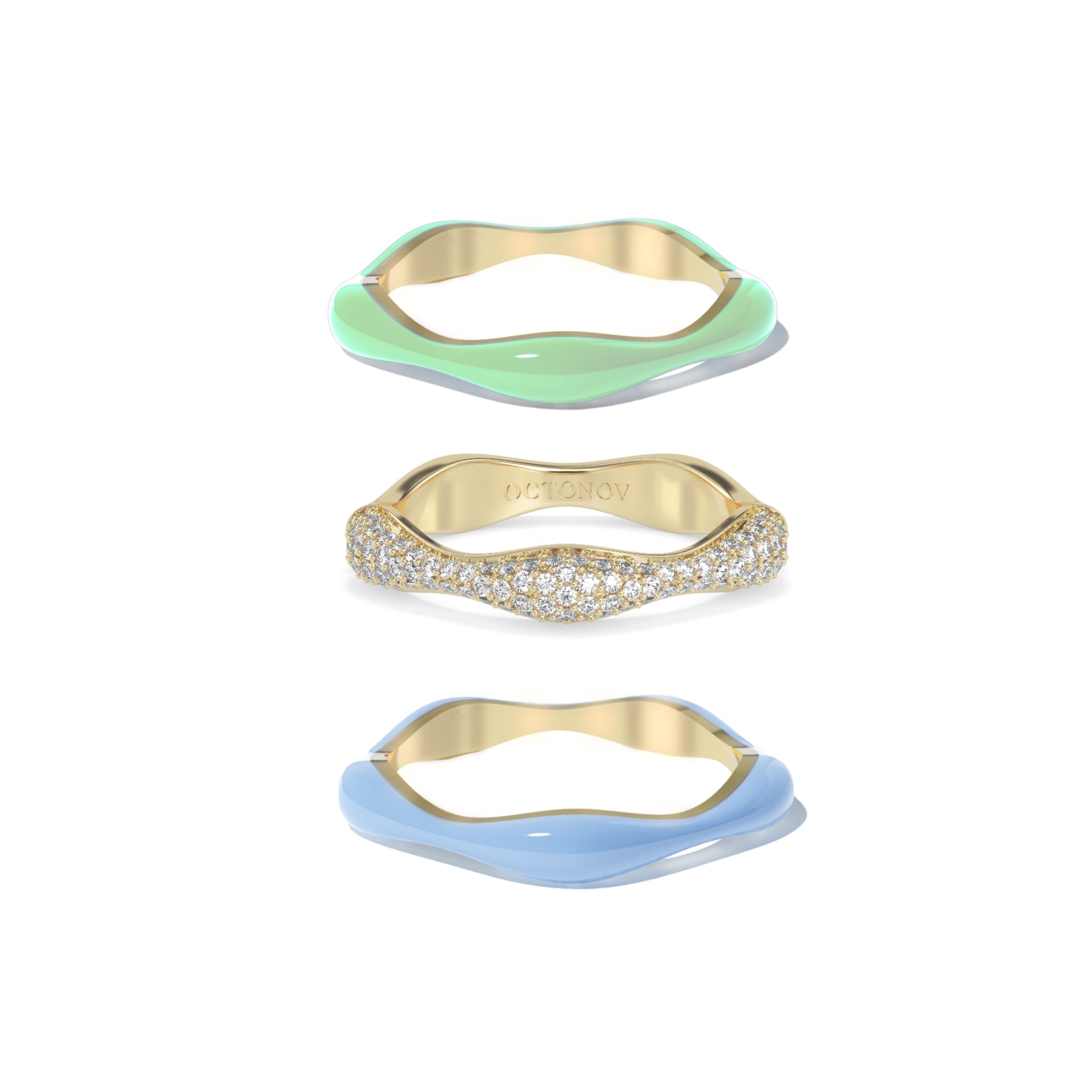 Sorbet Swirls Blue Moon & Matcha Green Enamel & Diamond Swirls Stacker Ring Set of 3 - Octonov