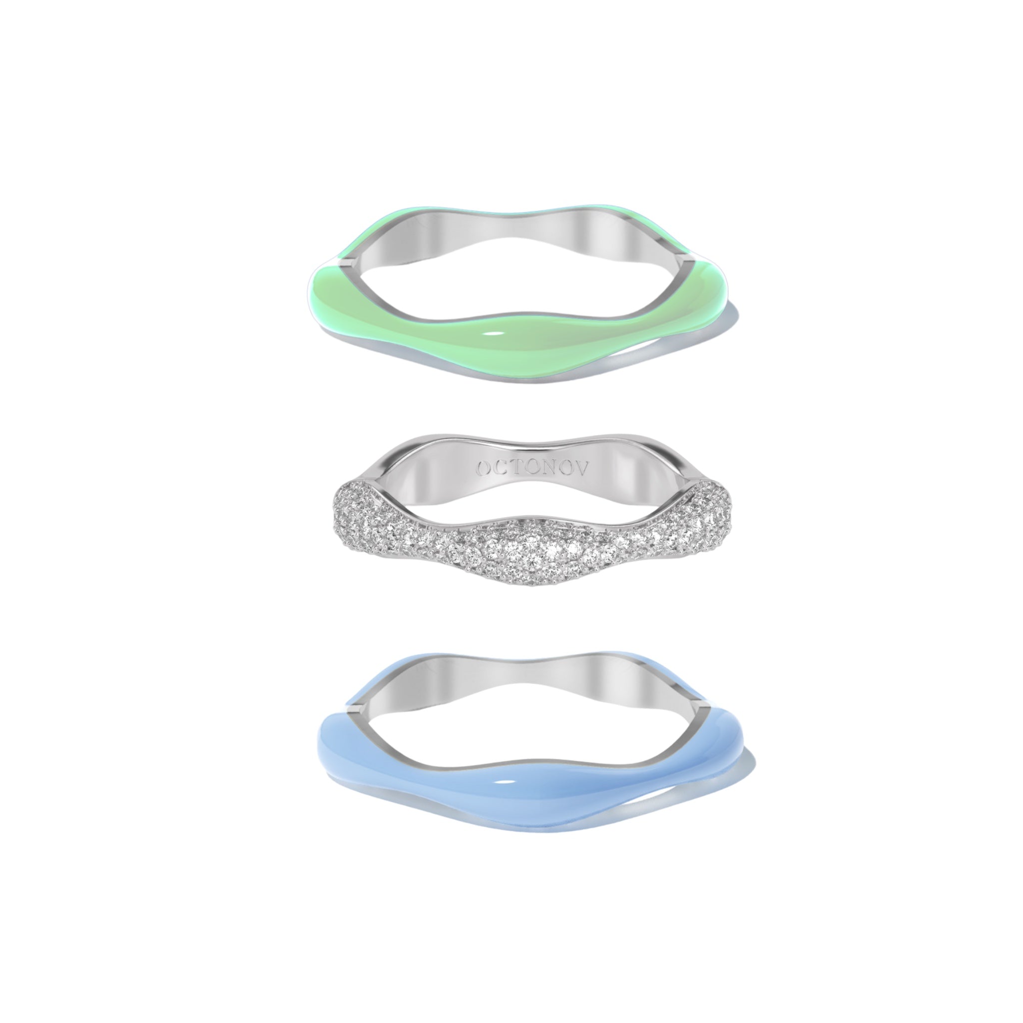 Sorbet Swirls Blue Moon & Matcha Green Enamel & Diamond Swirls Stacker Ring Set of 3 - Octonov