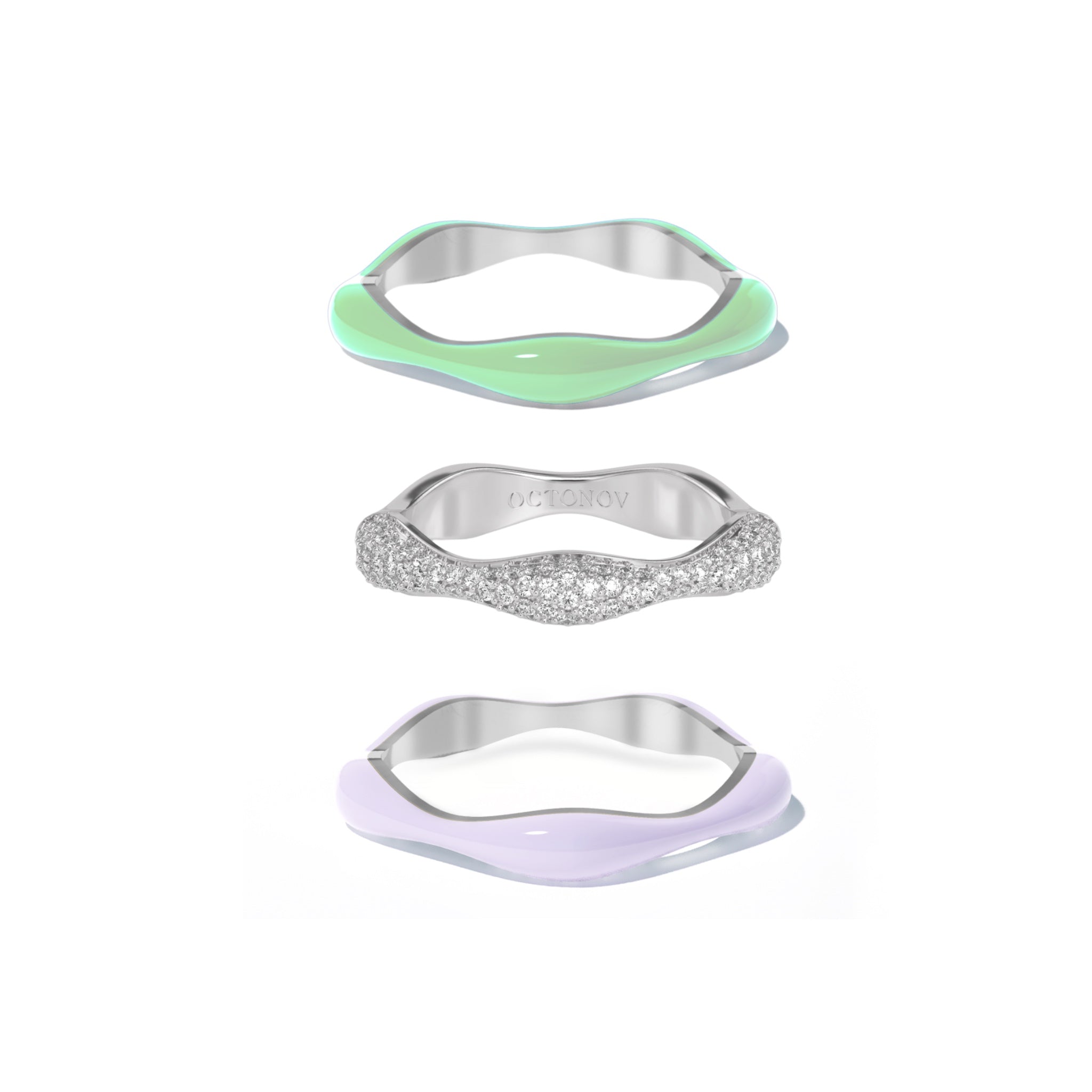 Sorbet Swirls Lavender & Matcha Green Enamel & Diamond Swirls Stacker Ring Set of 3 - Octonov