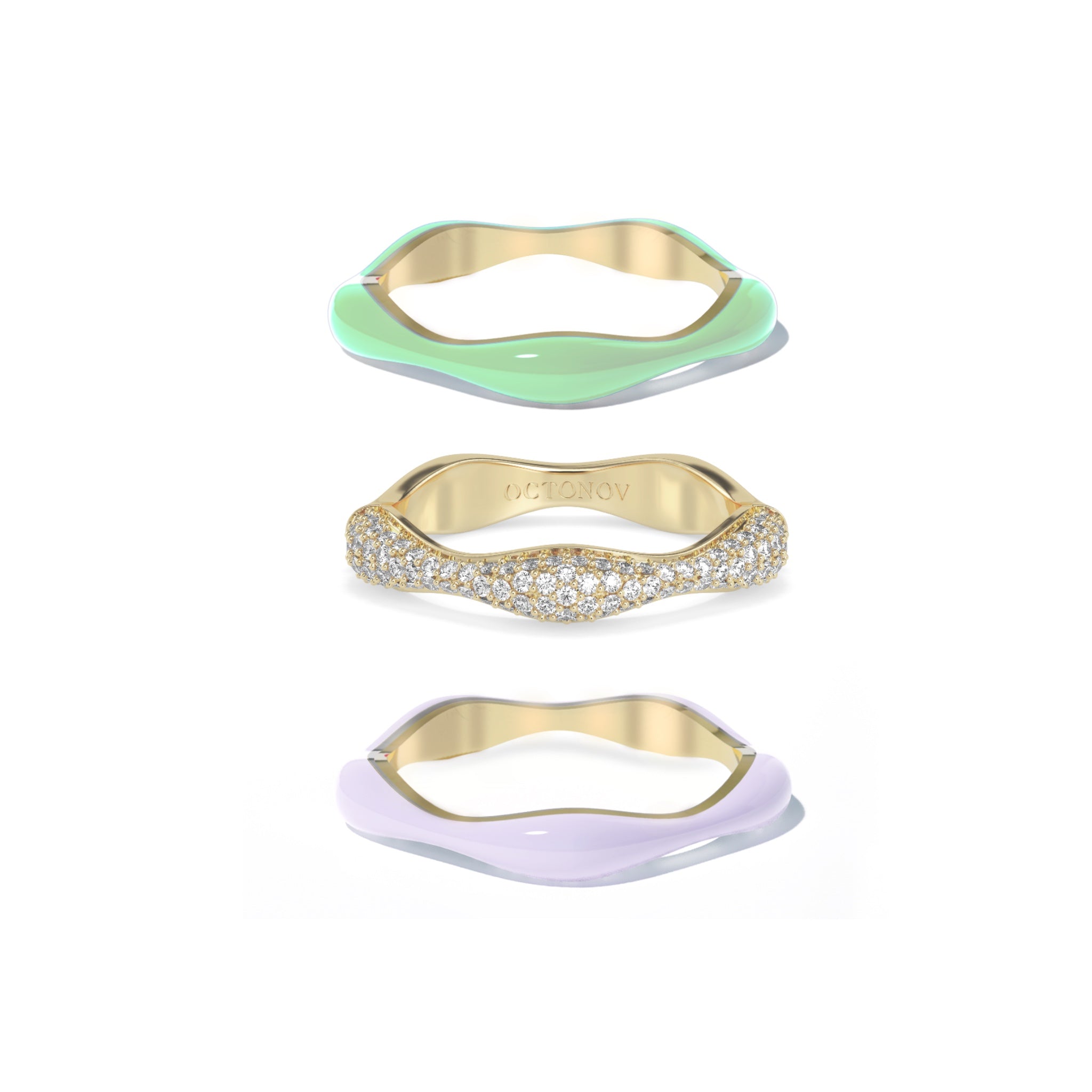 Sorbet Swirls Lavender & Matcha Green Enamel & Diamond Swirls Stacker Ring Set of 3 - Octonov