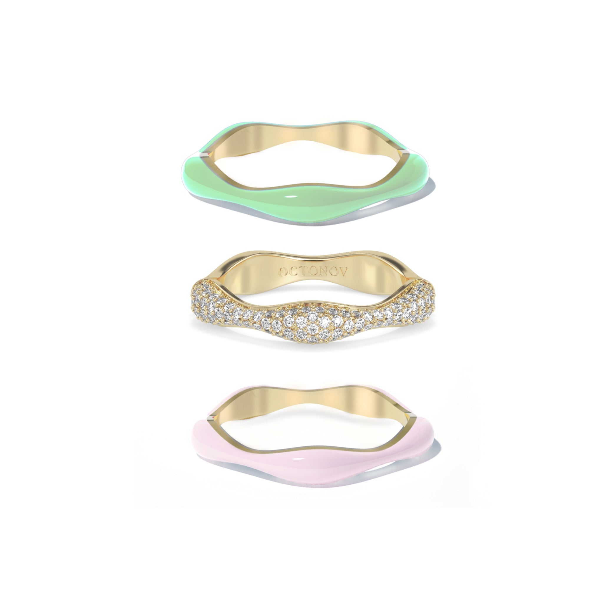 Sorbet Swirls Matcha Green & Bubblegum Pink Enamel & Diamond Swirls Stacker Ring Set of 3 - Octonov