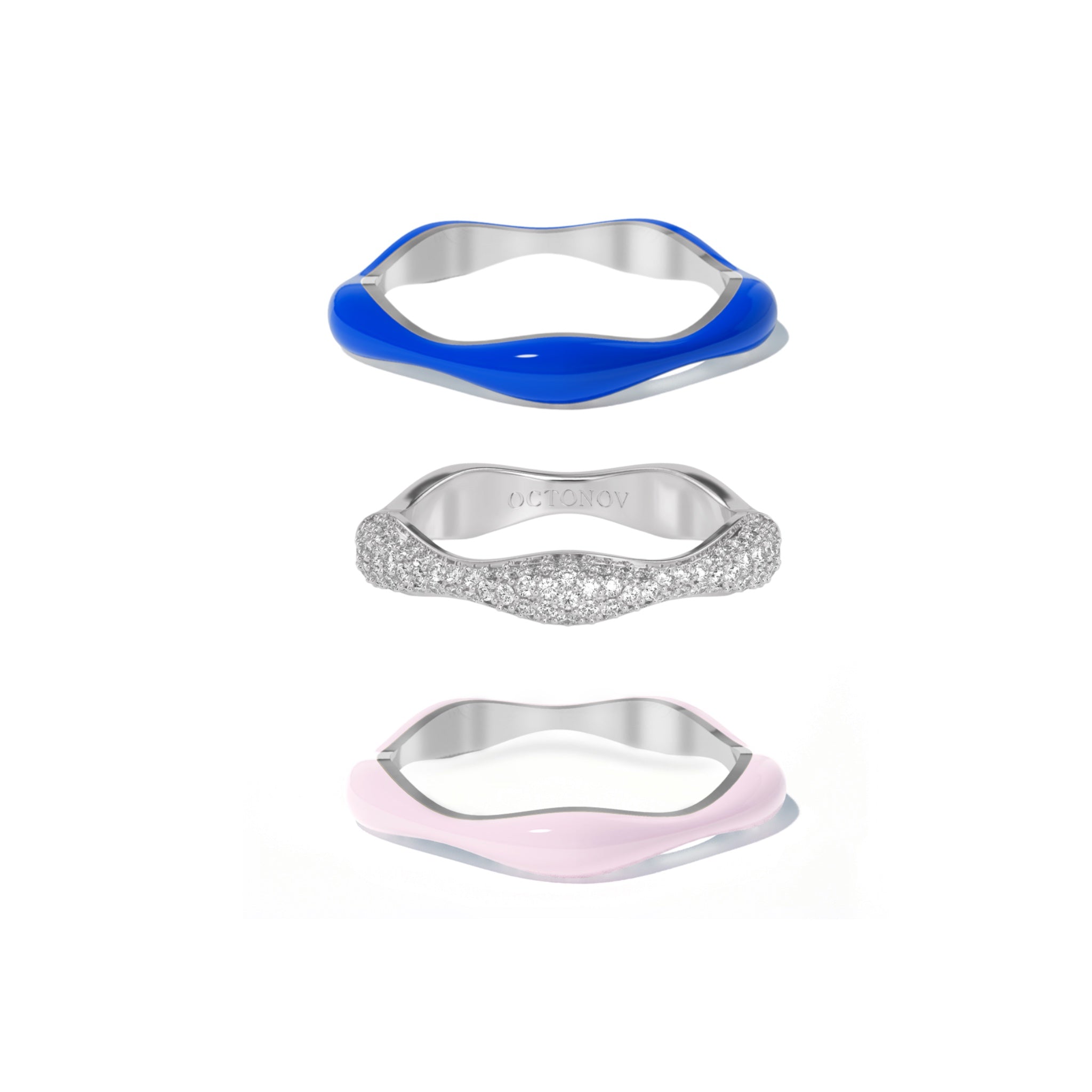 Sorbet Swirls Royal Blue & Bubblegum Pink Enamel & Diamond Swirls Stacker Ring Set of 3 - Octonov
