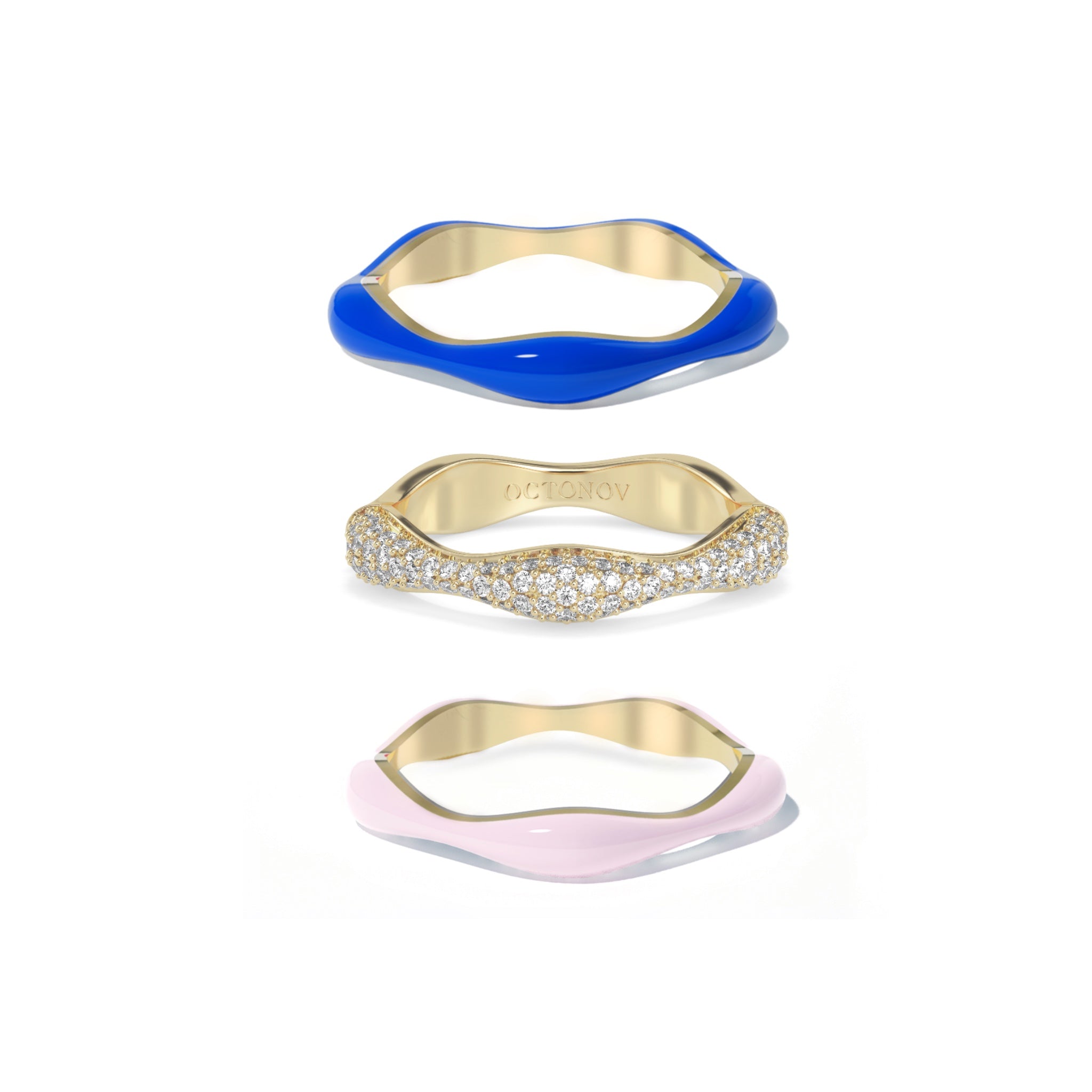 Sorbet Swirls Royal Blue & Bubblegum Pink Enamel & Diamond Swirls Stacker Ring Set of 3 - Octonov