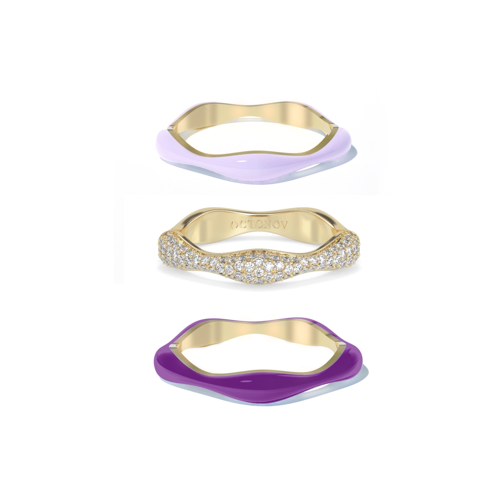 Sorbet Swirls Enamel & Diamond Swirls Stacker Ring Set in Dark Purple + Light Purple - Octonov