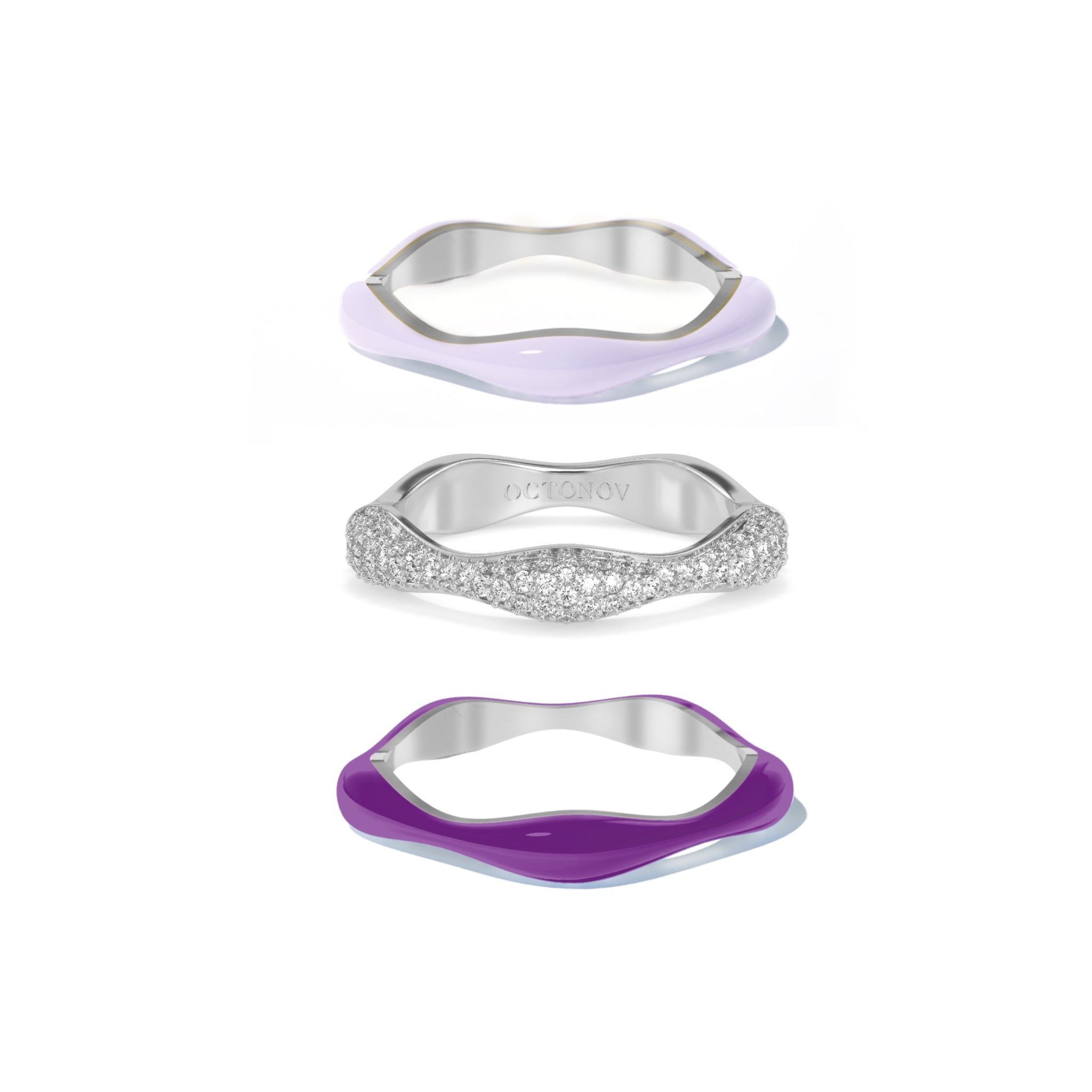 Sorbet Swirls Enamel & Diamond Swirls Stacker Ring Set in Dark Purple + Light Purple - Octonov