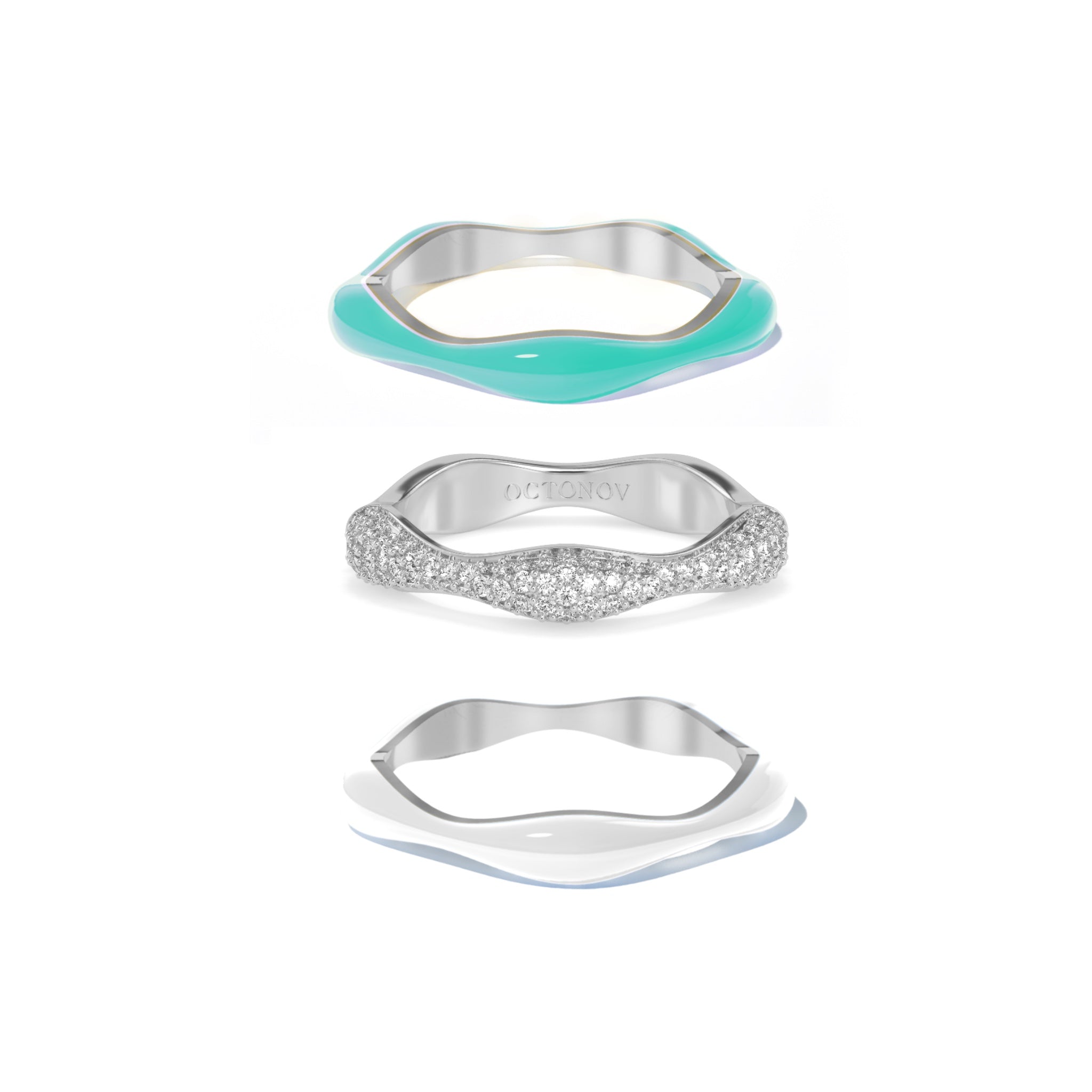 Sorbet Swirls Enamel & Diamond Swirls Stacker Ring Set in Cyan + White - Octonov