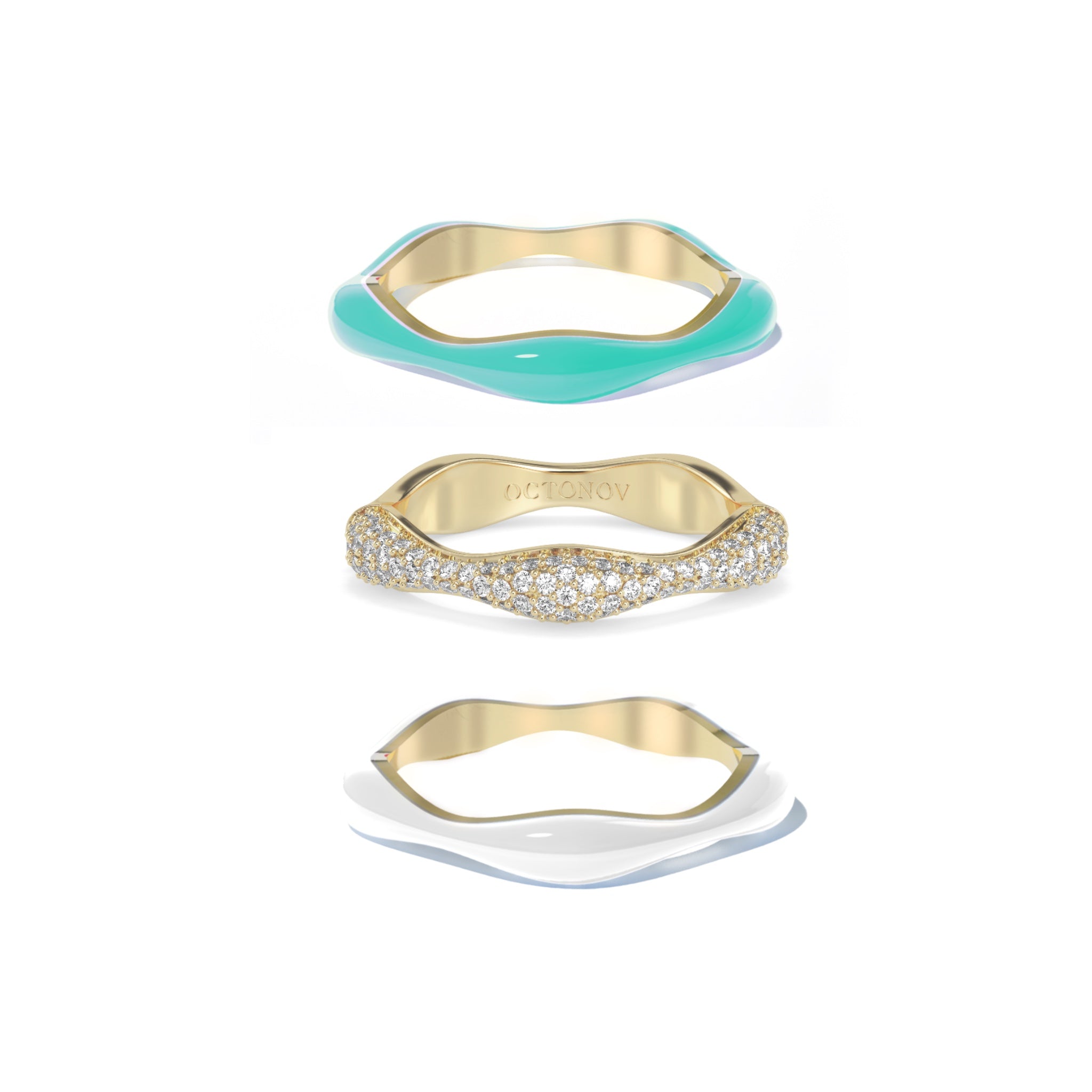 Sorbet Swirls Enamel & Diamond Swirls Stacker Ring Set in Cyan + White - Octonov