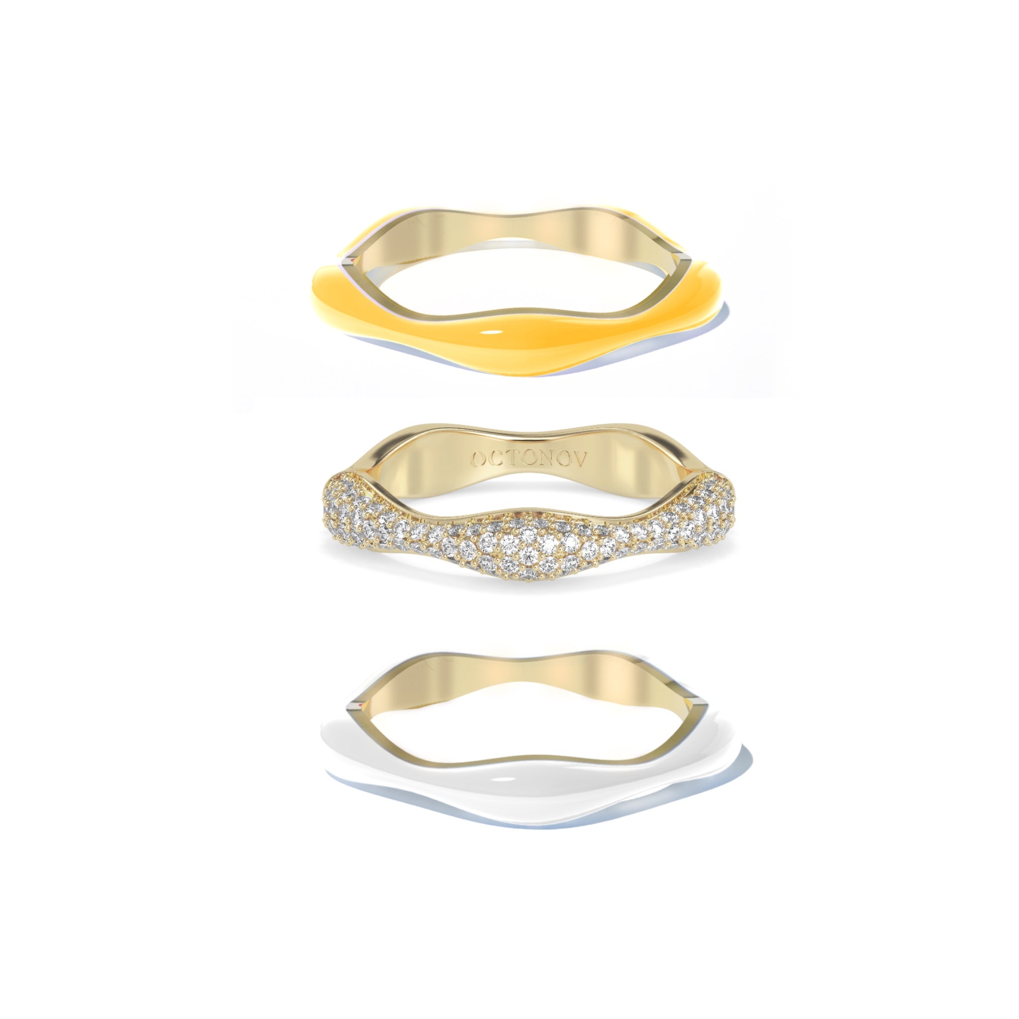 Sorbet Swirls Enamel & Diamond Swirls Stacker Ring Set in Yellow + White - Octonov