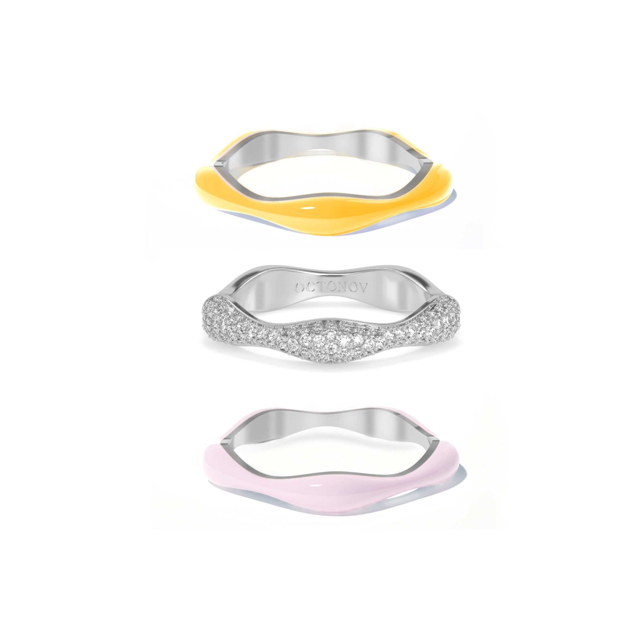 Sunset Sorbet Swirls Enamel & Diamond Swirls Stacker Ring Set in Yellow + Light Pink - Octonov