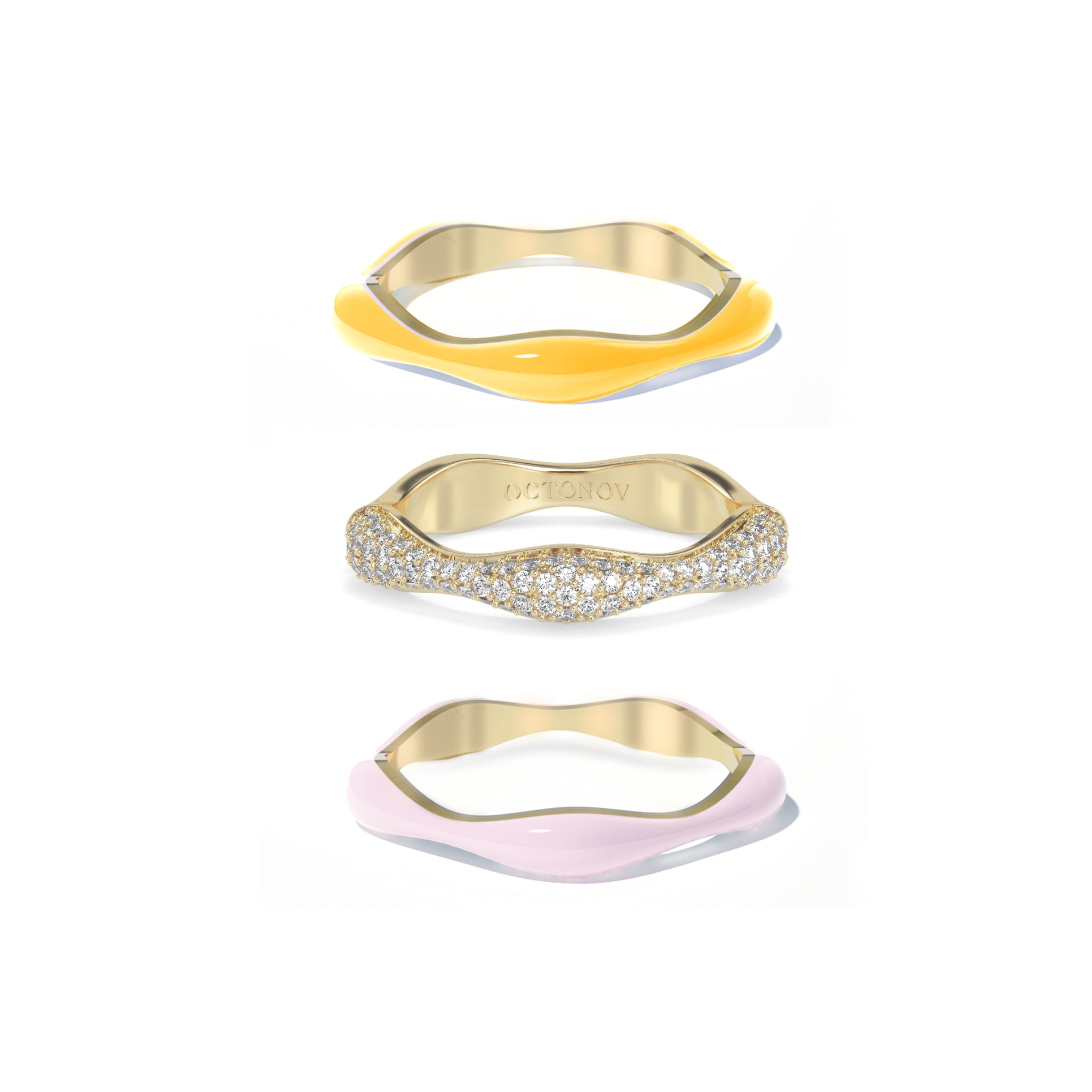 Sunset Sorbet Swirls Enamel & Diamond Swirls Stacker Ring Set in Yellow + Light Pink - Octonov