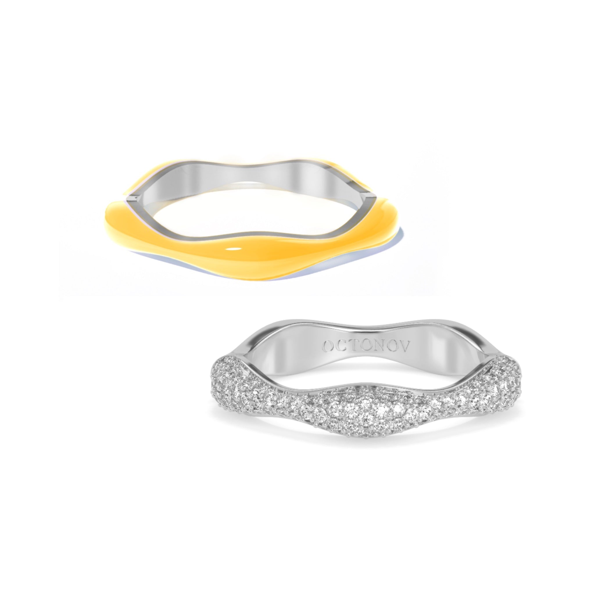 Sorbet Swirl Yellow Enamel & Diamond Swirls Stacker Ring Duo - Octonov