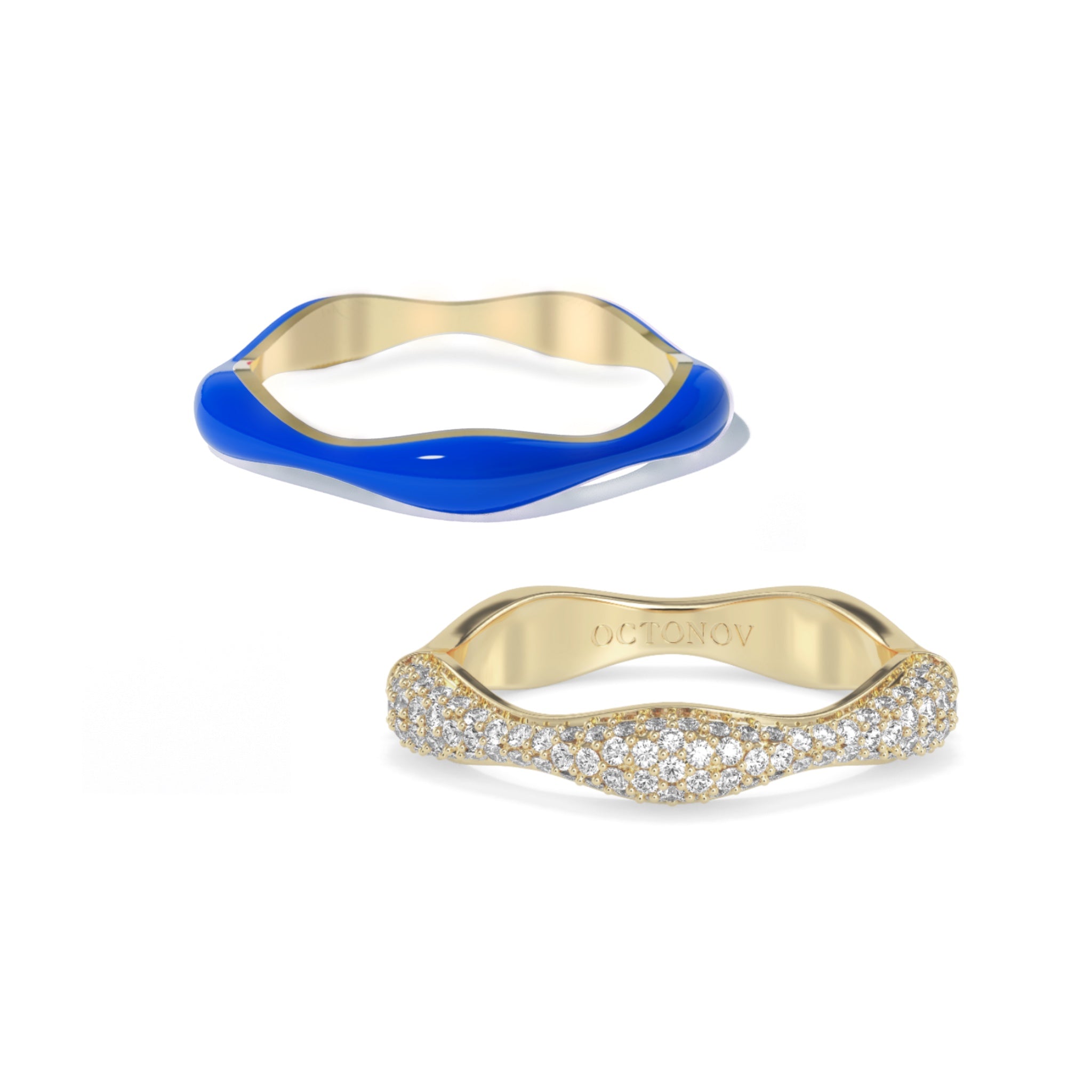Sorbet Swirl Royal Blue Enamel & Diamond Swirls Stacker Ring Duo - Octonov