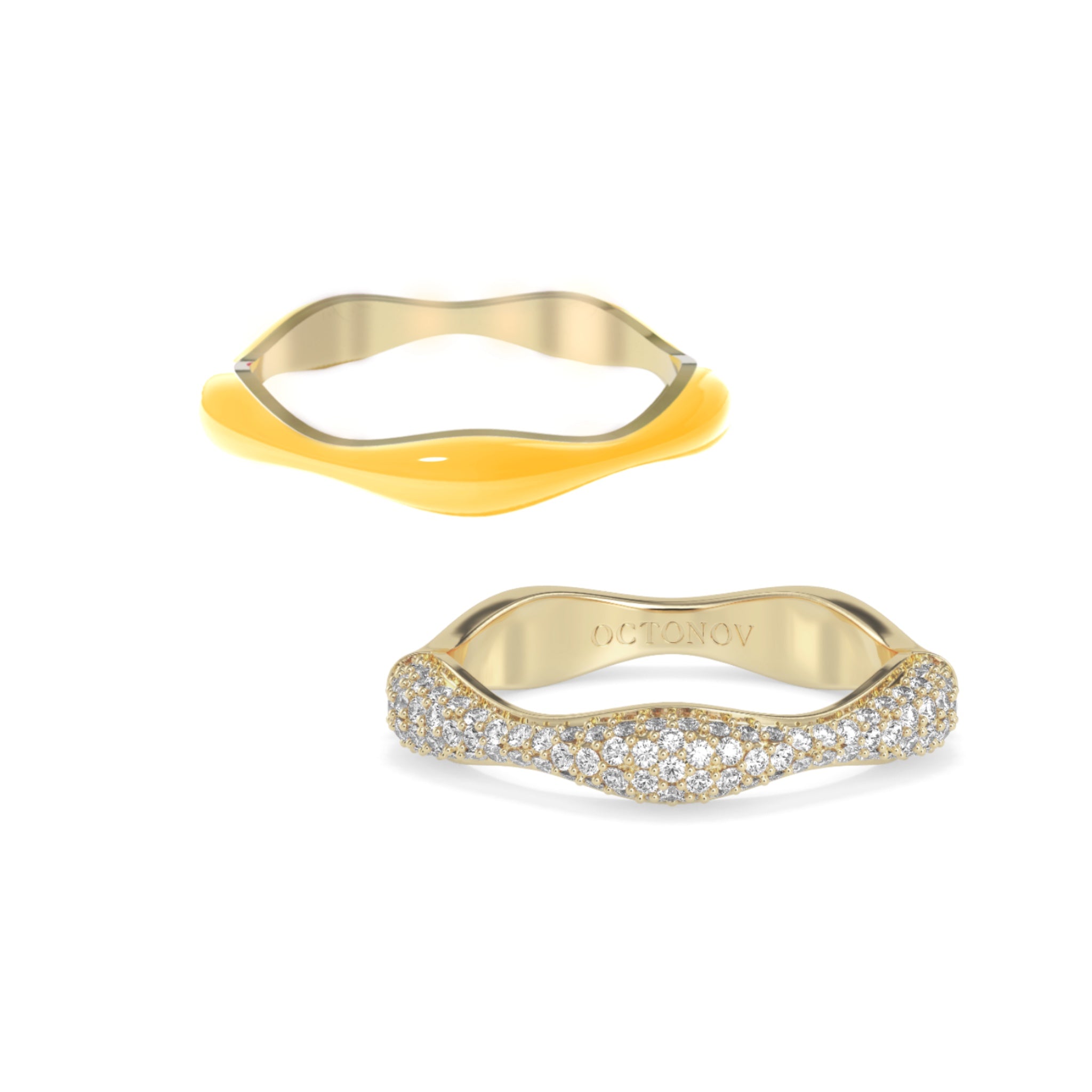 Sorbet Swirl Yellow Enamel & Diamond Swirls Stacker Ring Duo - Octonov