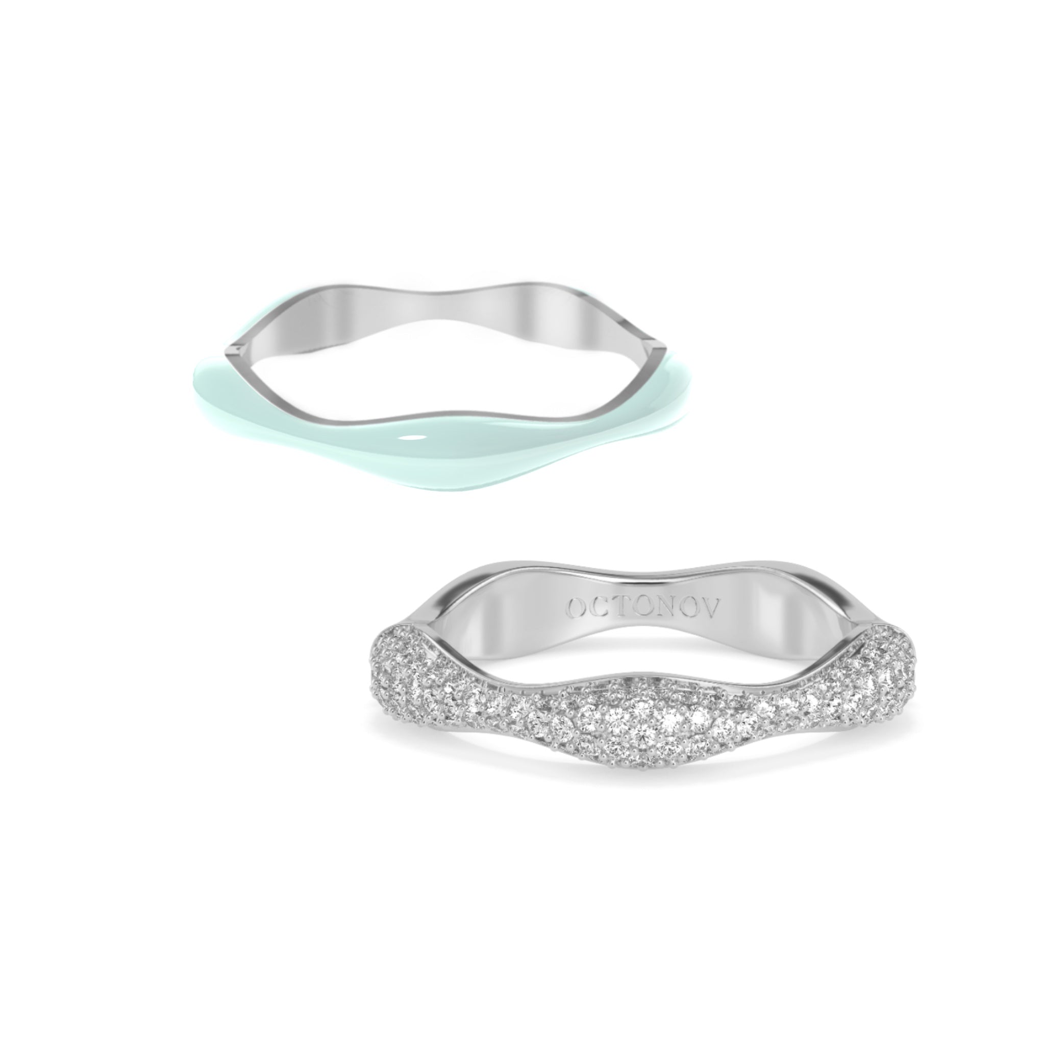 Sorbet Swirl Pale Sky Enamel & Diamond Swirls Stacker Ring Duo - Octonov