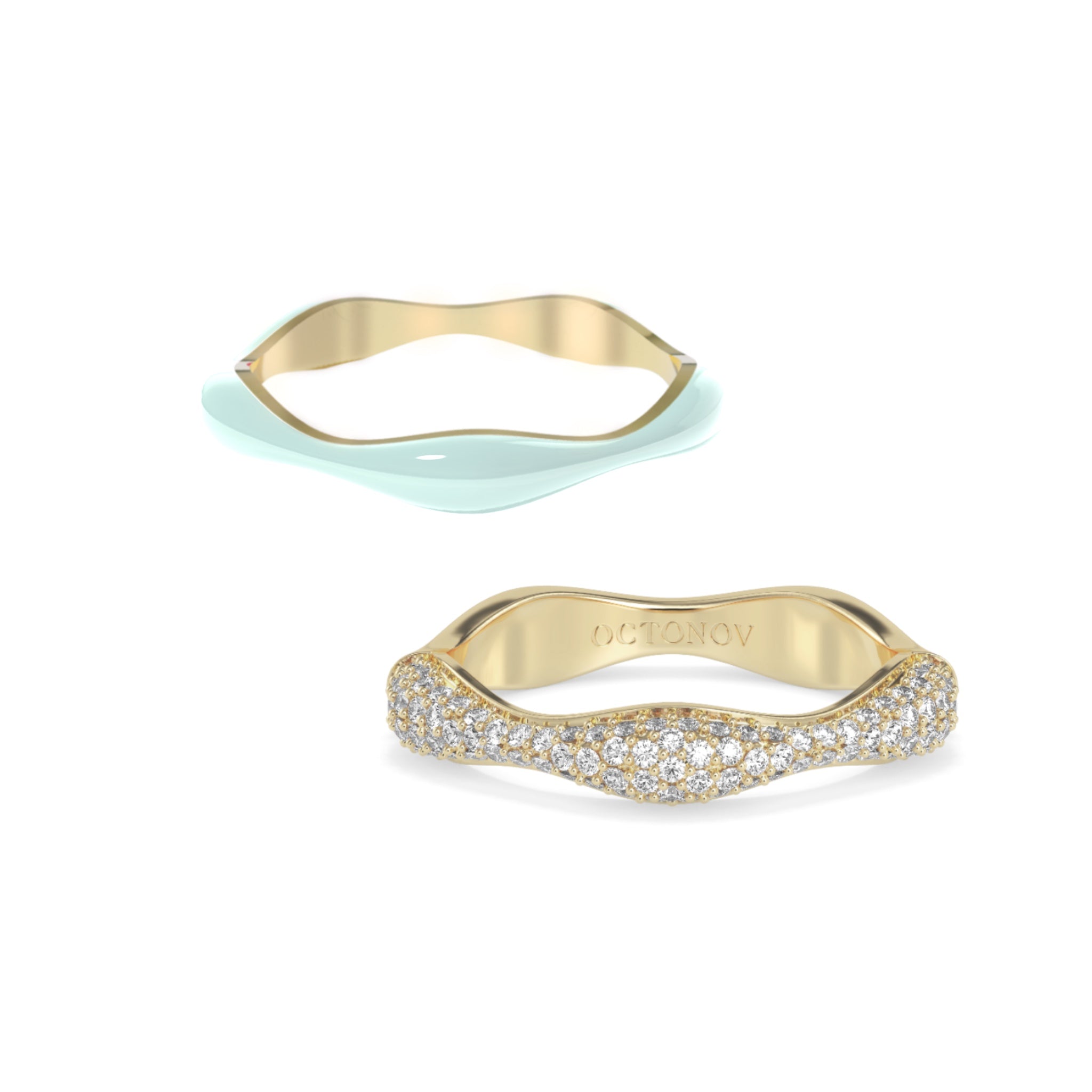 Sorbet Swirl Pale Sky Enamel & Diamond Swirls Stacker Ring Duo - Octonov
