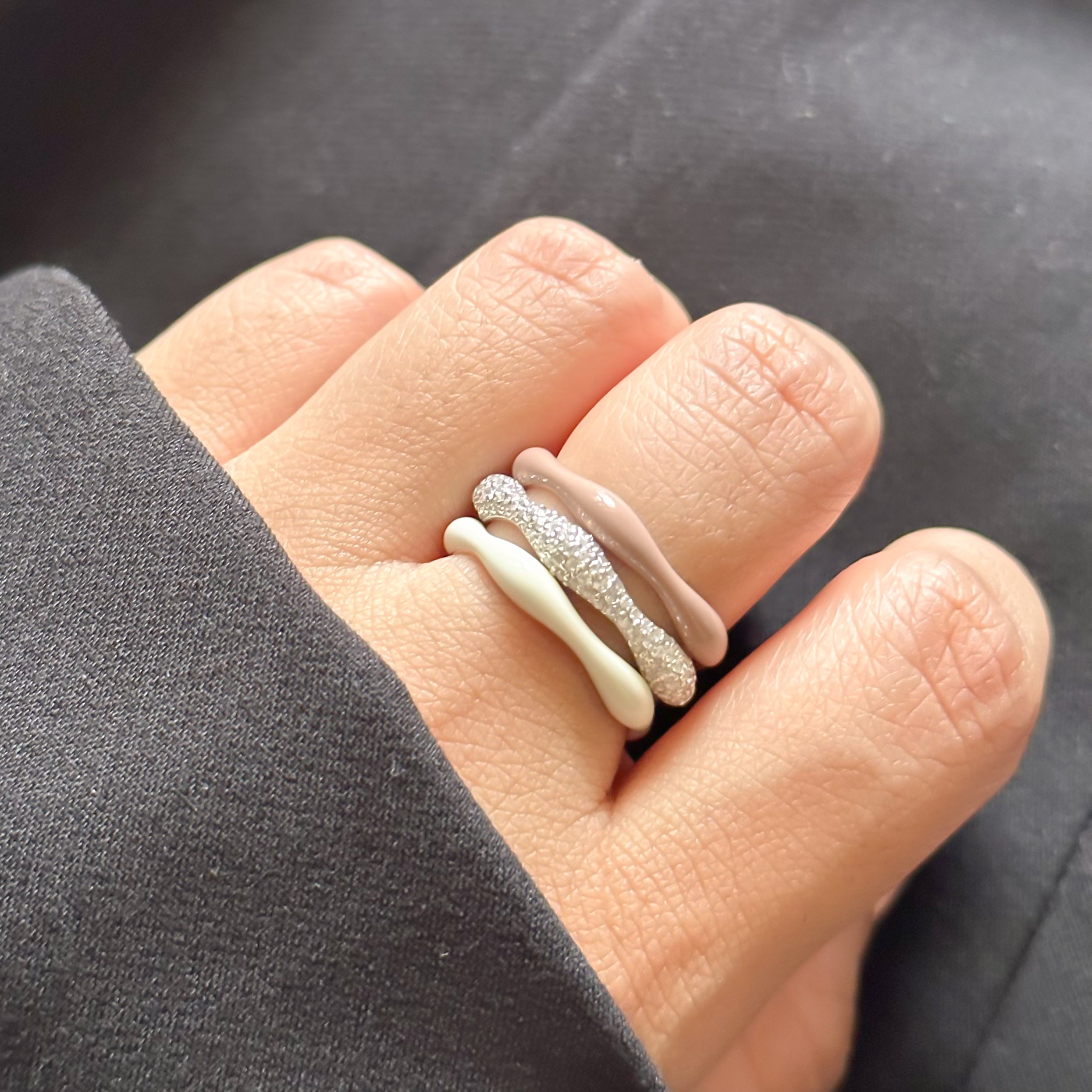 Sorbet Swirls Enamel & Diamond Swirls Stacker Ring Set in Vanilla + Cappuccino - Octonov