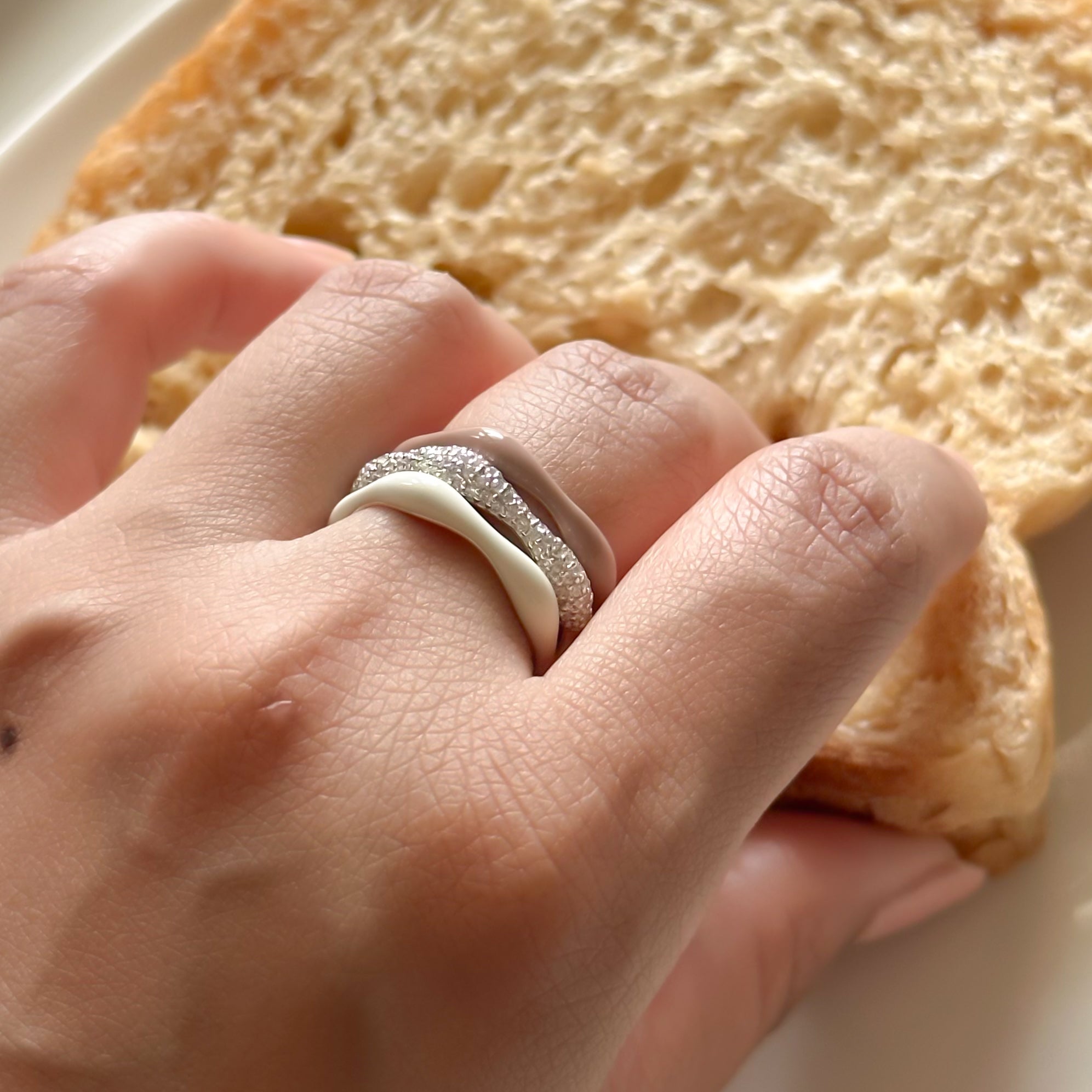 Sorbet Swirls Enamel & Diamond Swirls Stacker Ring Set in Vanilla + Cappuccino - Octonov