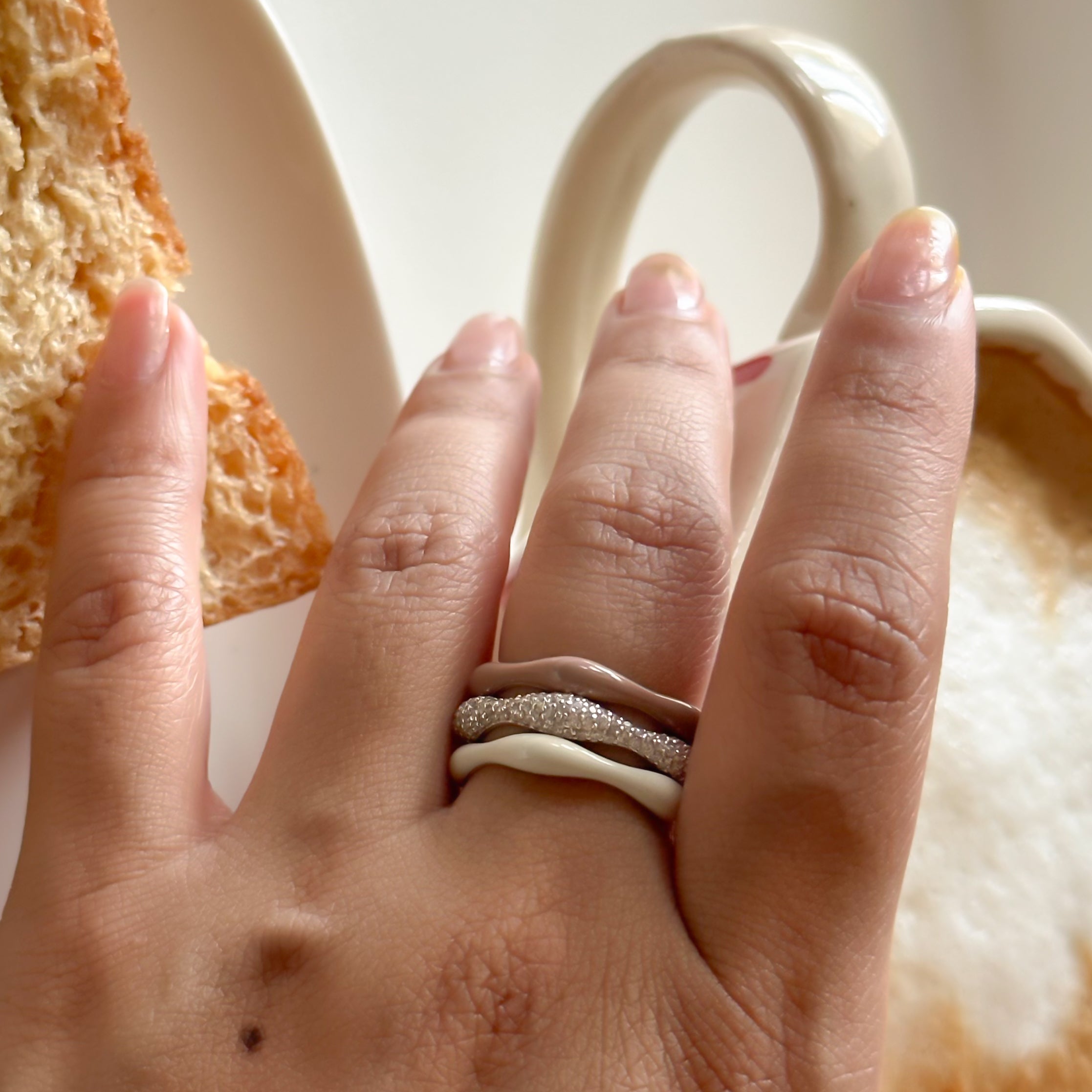 Sorbet Swirls Enamel & Diamond Swirls Stacker Ring Set in Vanilla + Cappuccino - Octonov