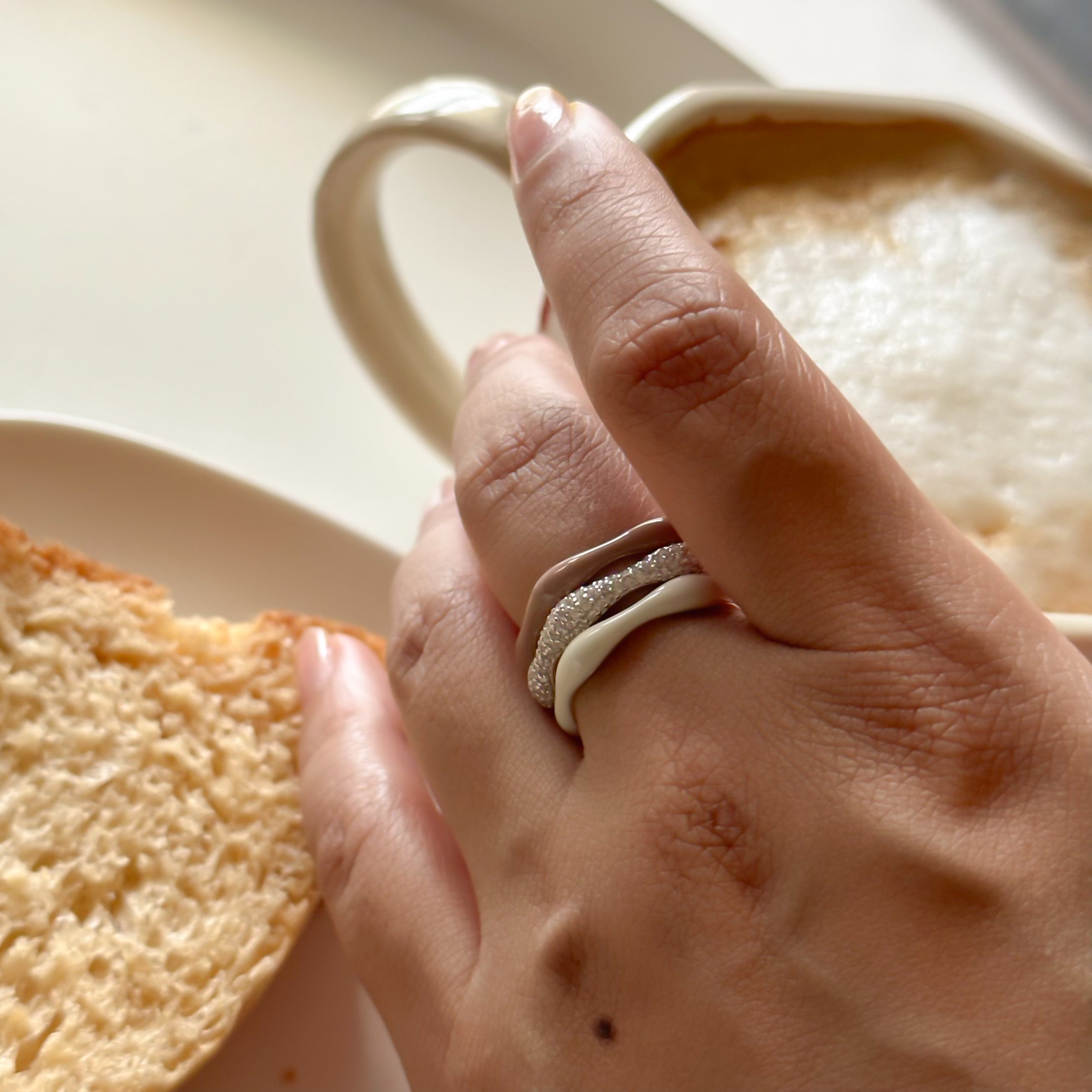 Sorbet Swirls Enamel & Diamond Swirls Stacker Ring Set in Vanilla + Cappuccino - Octonov