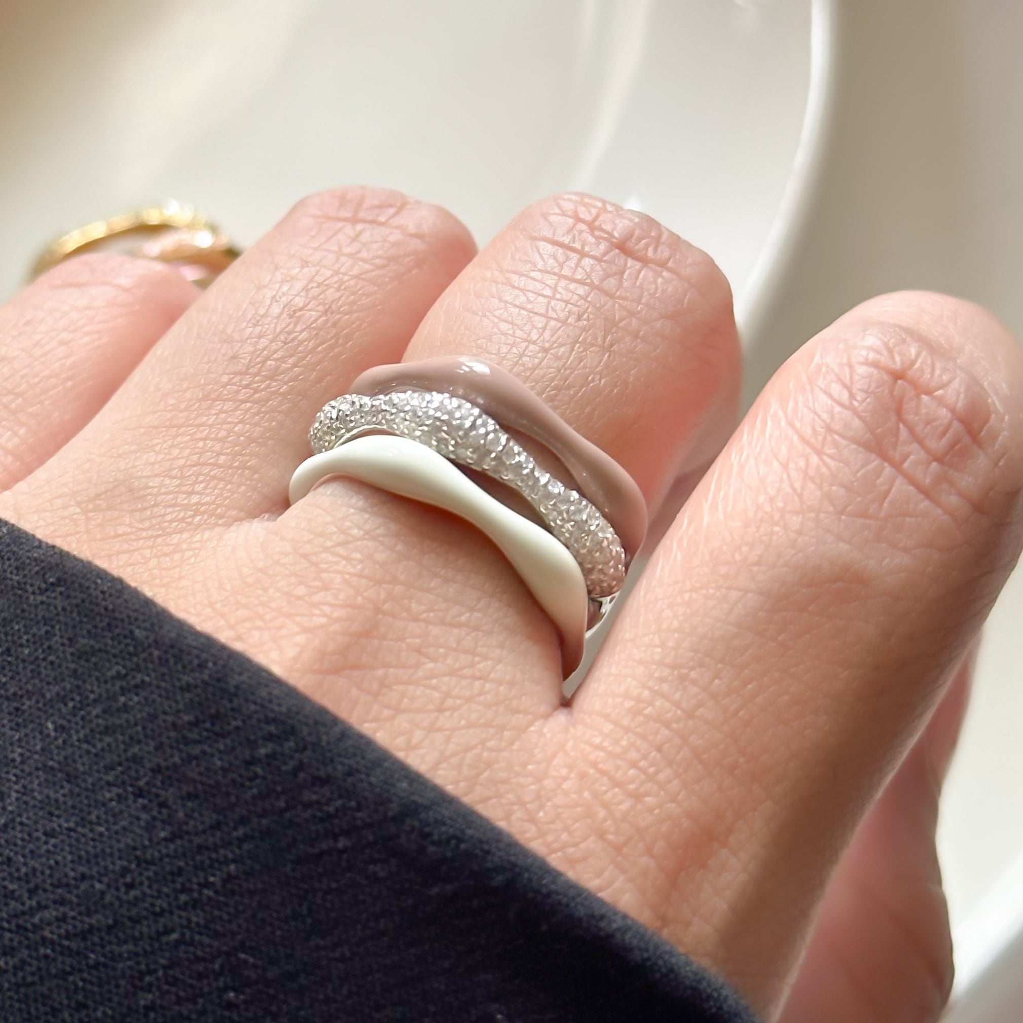 Sorbet Swirls Enamel & Diamond Swirls Stacker Ring Set in Vanilla + Cappuccino - Octonov