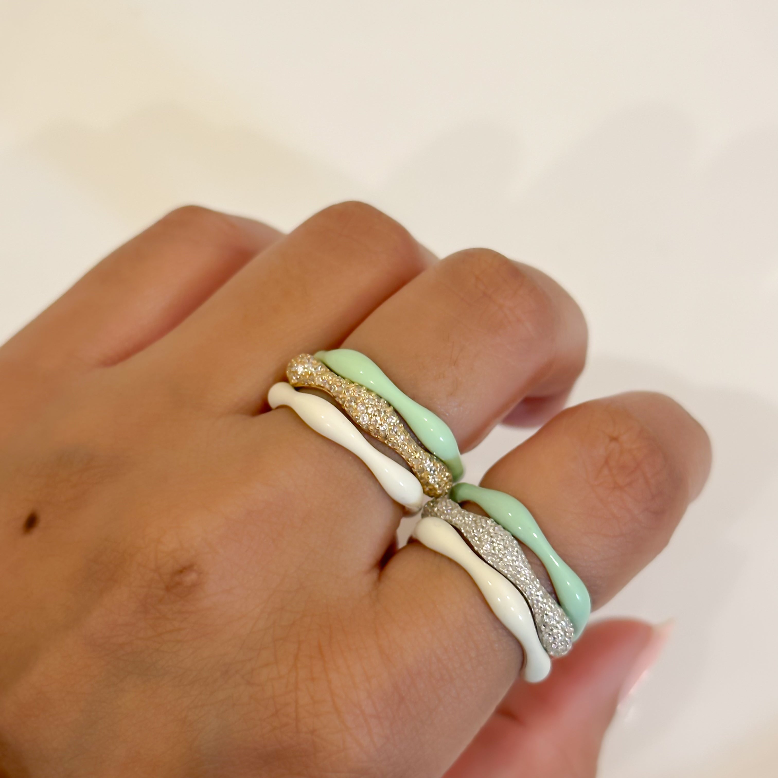 Sorbet Swirls Enamel & Diamond Swirls Stacker Ring Set in Matcha+Vanilla - Octonov