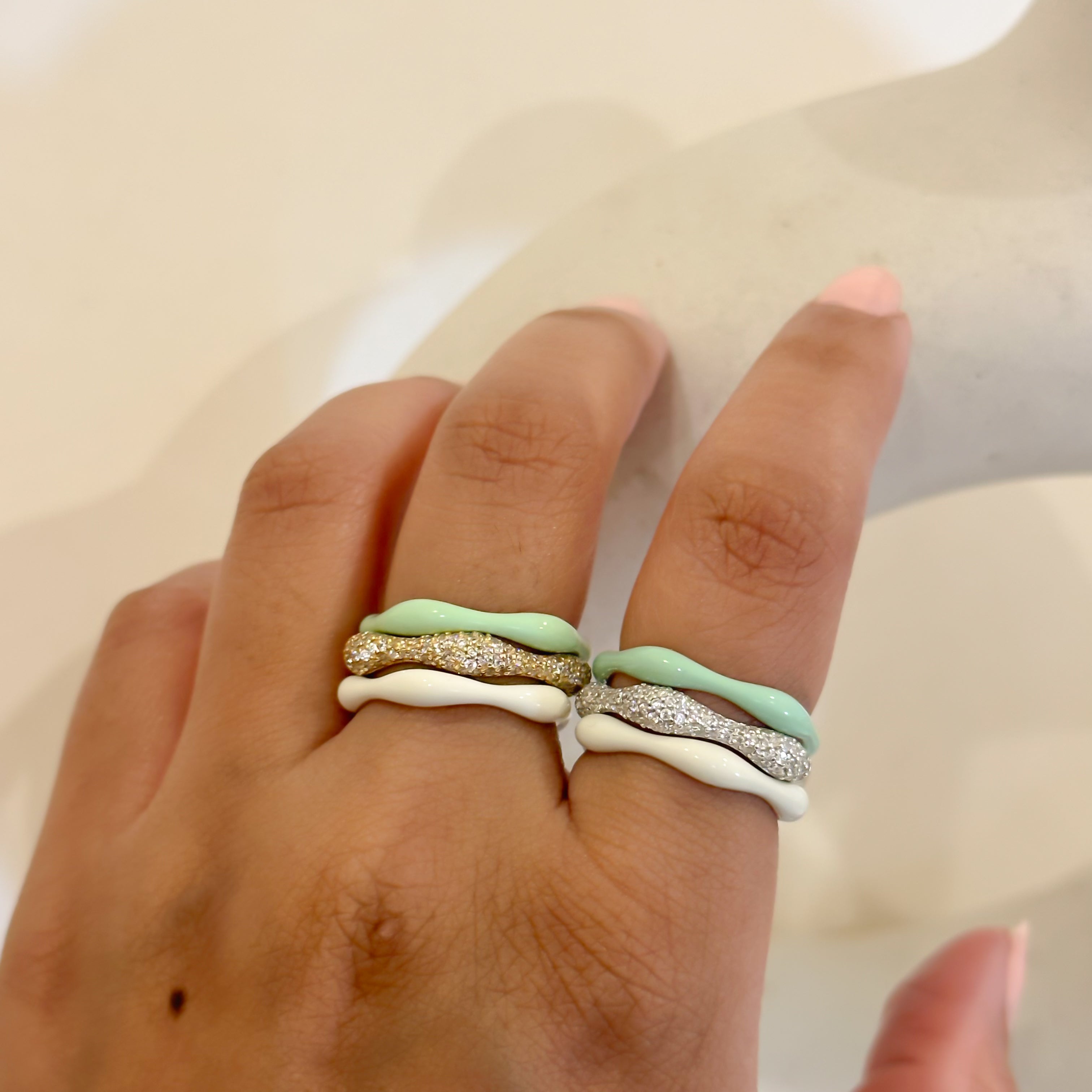 Sorbet Swirls Enamel & Diamond Swirls Stacker Ring Set in Matcha+Vanilla - Octonov