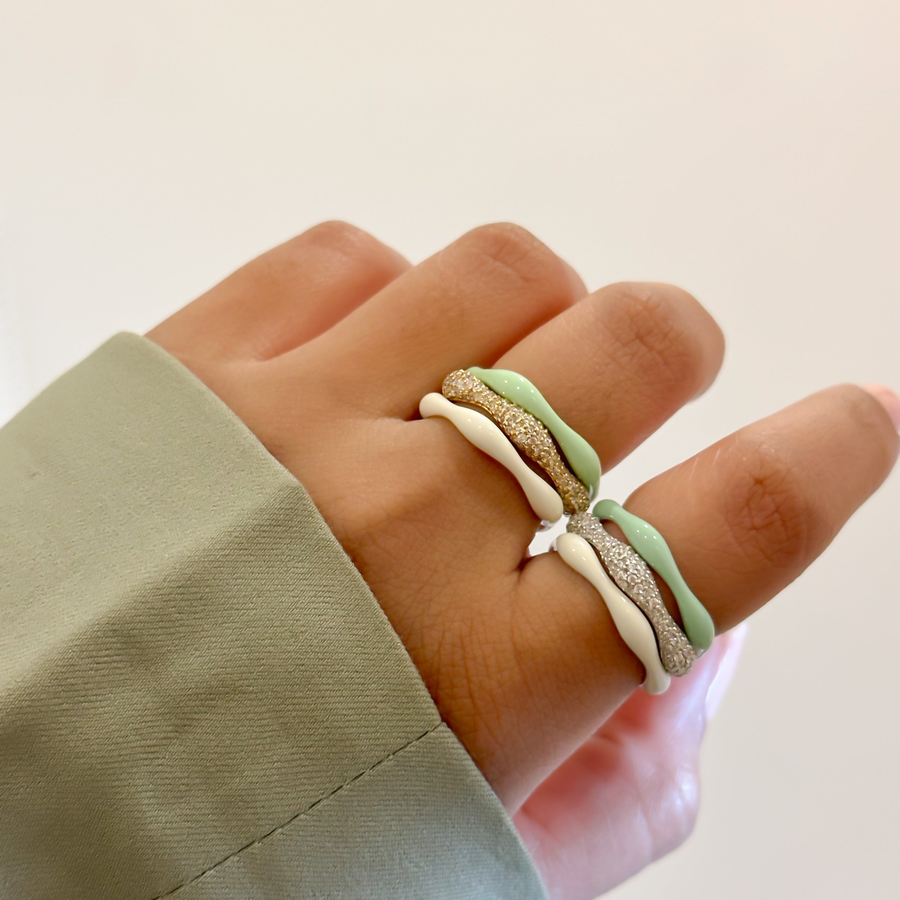 Sorbet Swirls Enamel & Diamond Swirls Stacker Ring Set in Matcha+Vanilla - Octonov