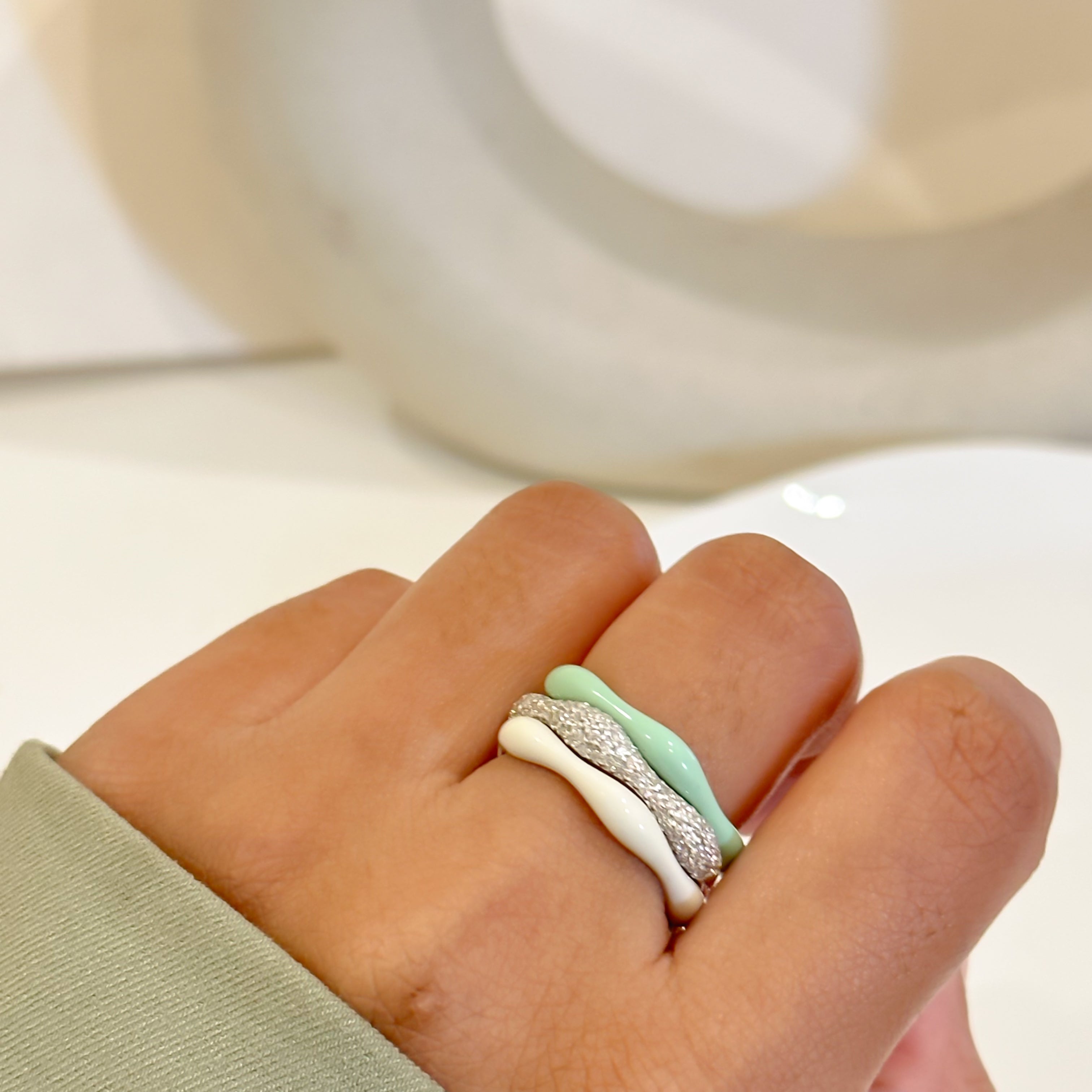 Sorbet Swirls Enamel & Diamond Swirls Stacker Ring Set in Matcha+Vanilla - Octonov