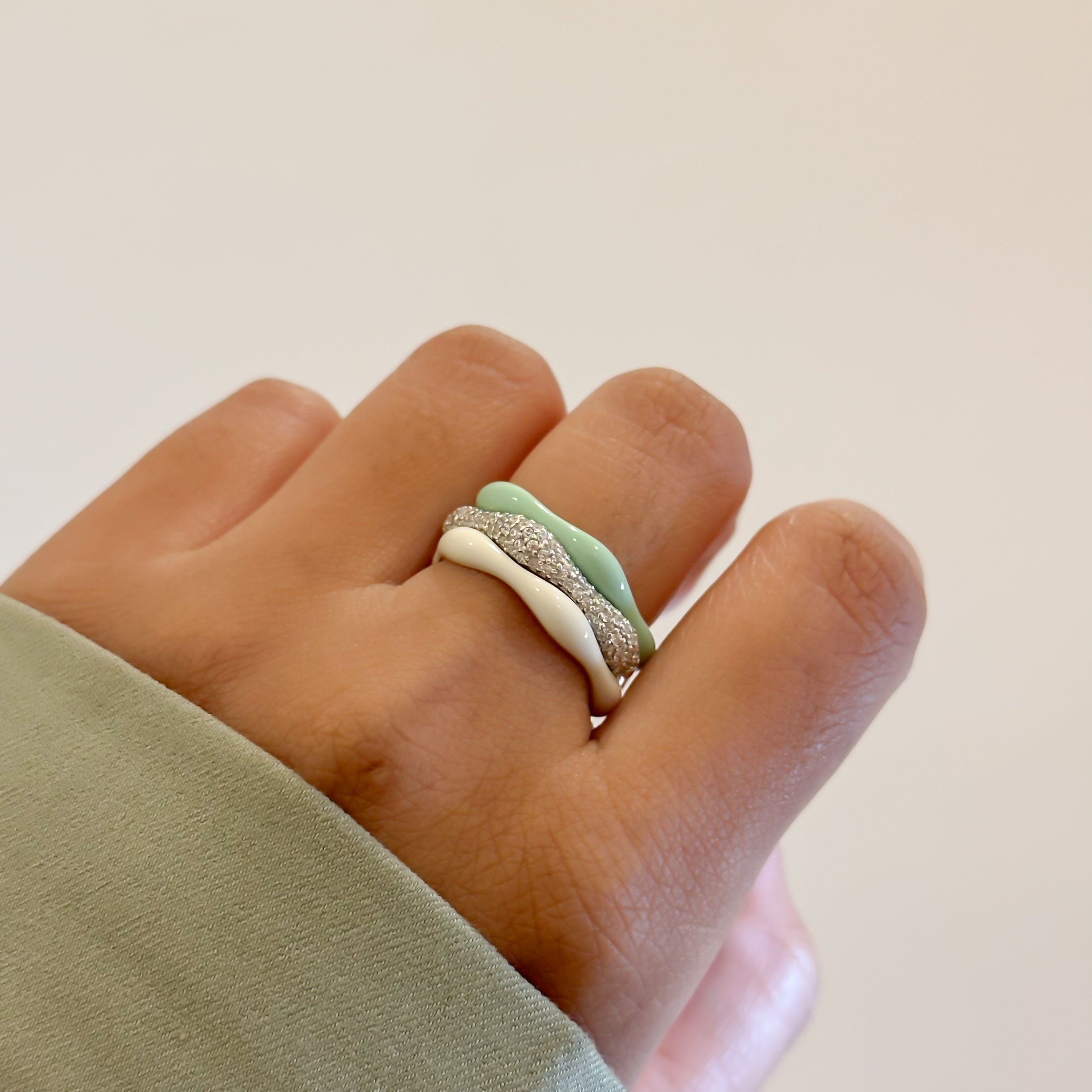 Sorbet Swirls Enamel & Diamond Swirls Stacker Ring Set in Matcha+Vanilla - Octonov