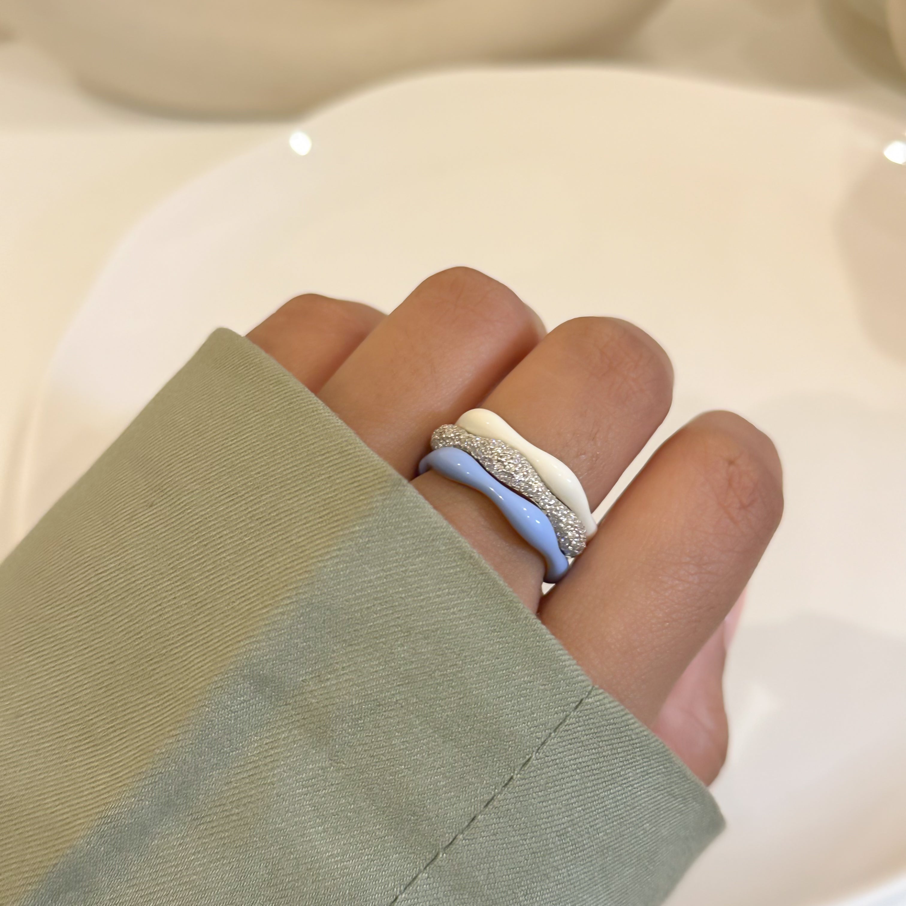 Sorbet Swirls Enamel & Diamond Swirls Stacker Ring Set in Blue Moon +Vanilla - Octonov