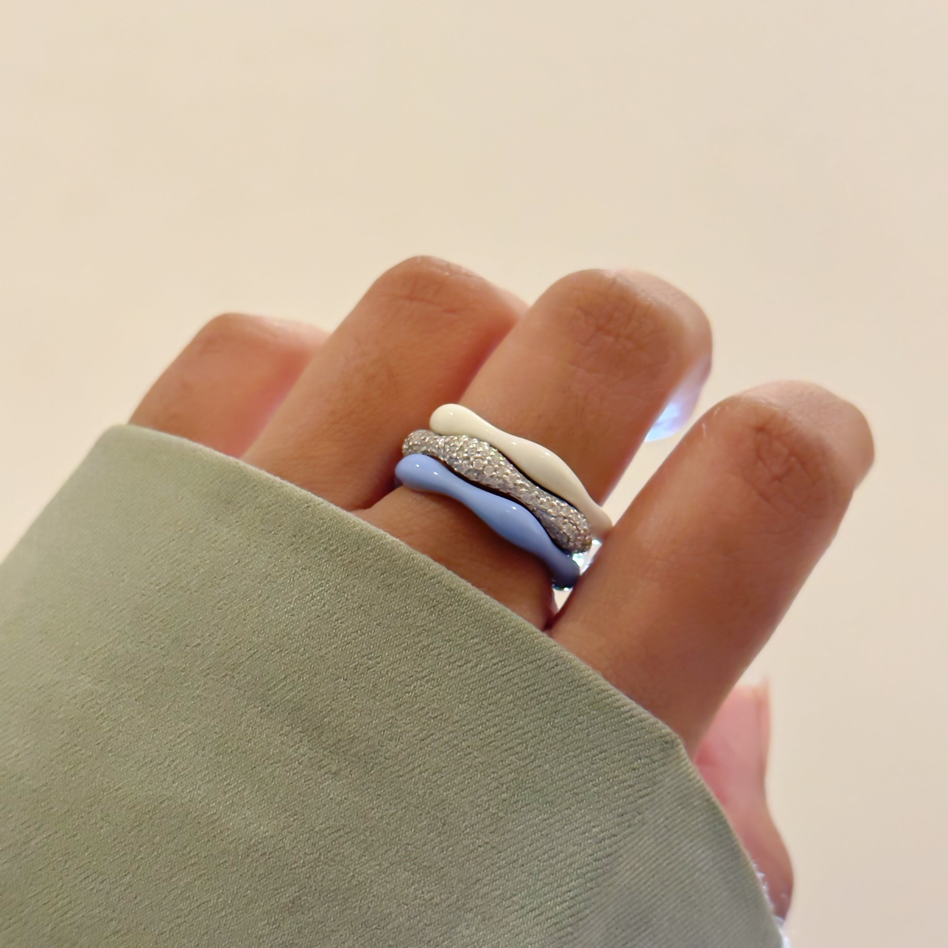 Sorbet Swirls Enamel & Diamond Swirls Stacker Ring Set in Blue Moon +Vanilla - Octonov