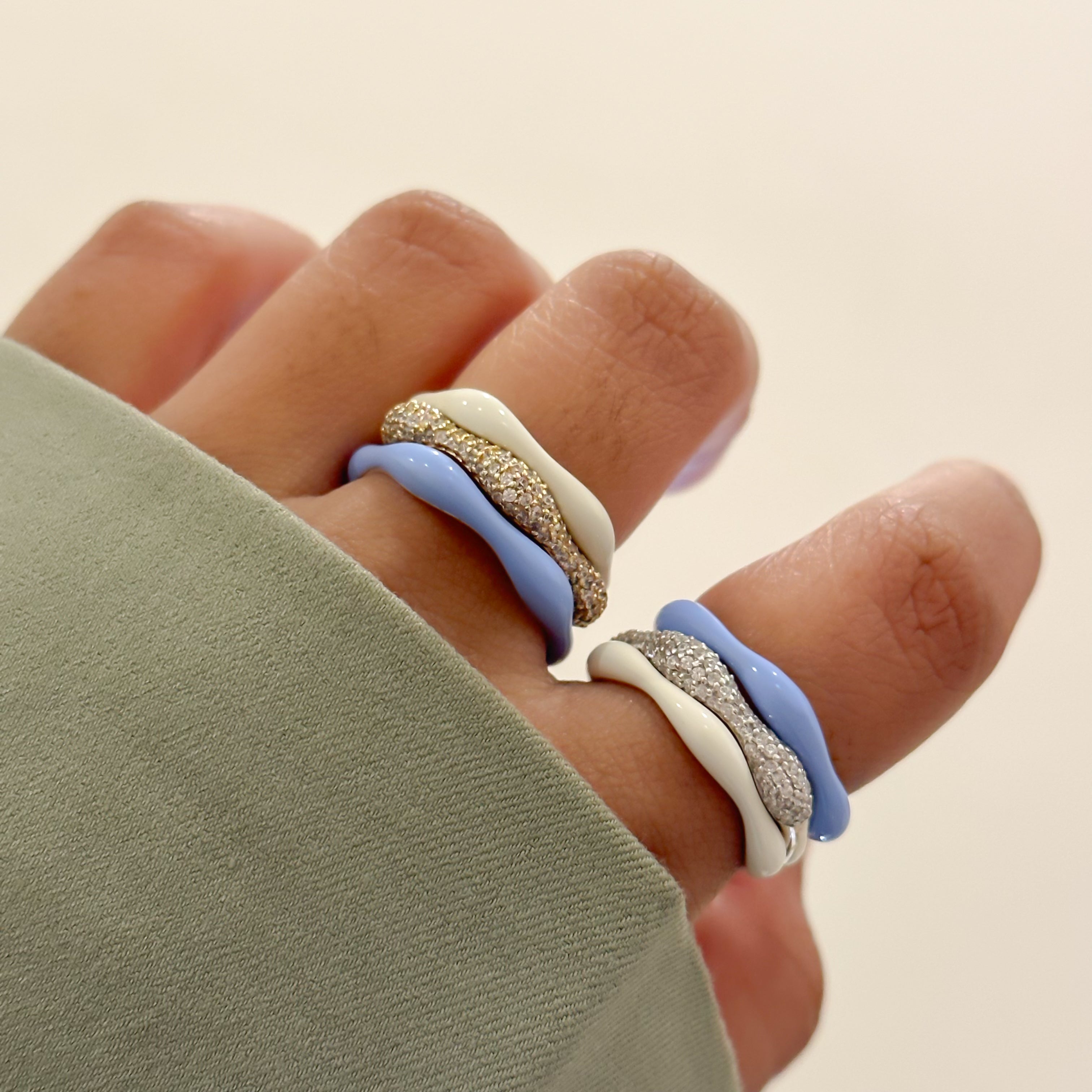 Sorbet Swirls Enamel & Diamond Swirls Stacker Ring Set in Blue Moon +Vanilla - Octonov