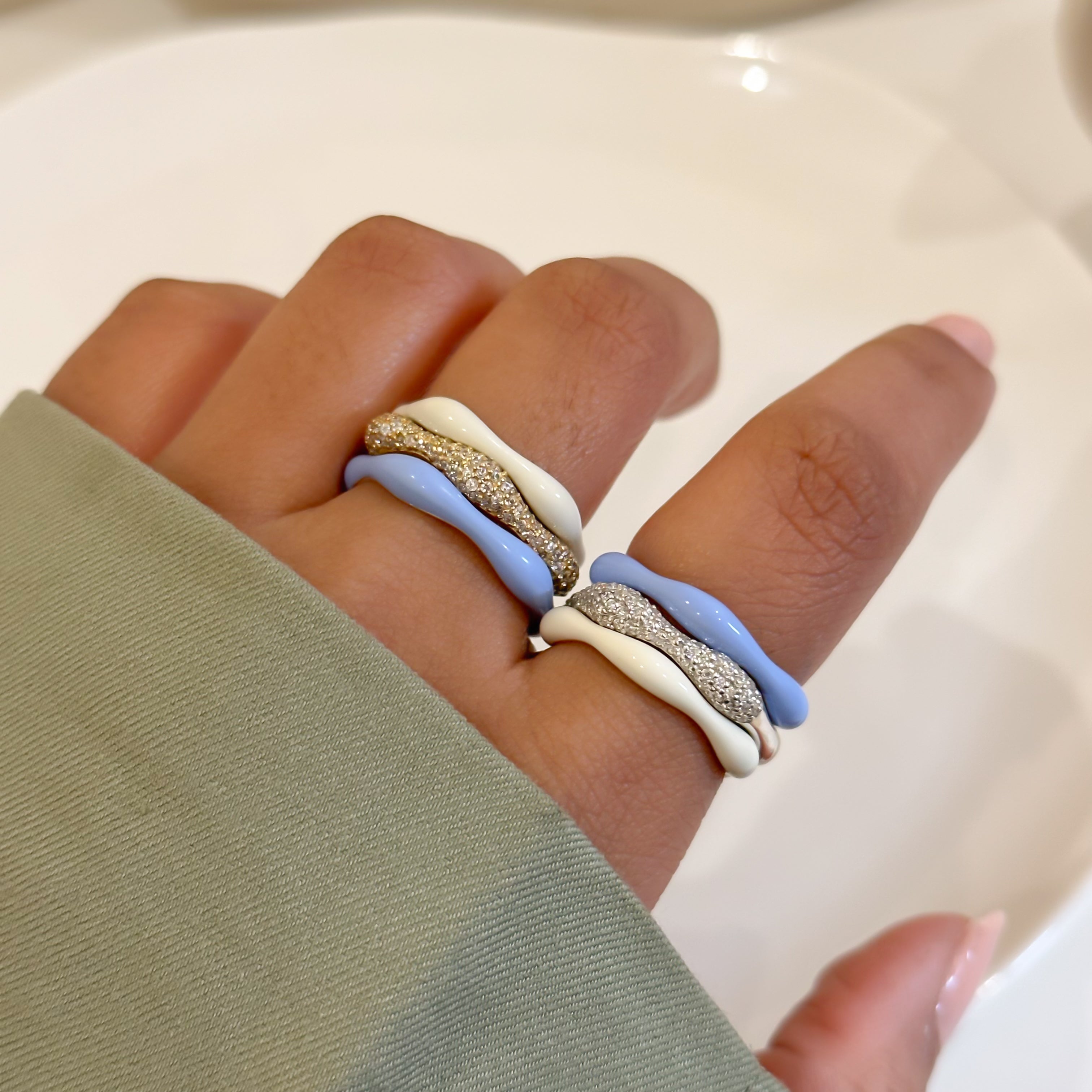 Sorbet Swirls Enamel & Diamond Swirls Stacker Ring Set in Blue Moon +Vanilla - Octonov