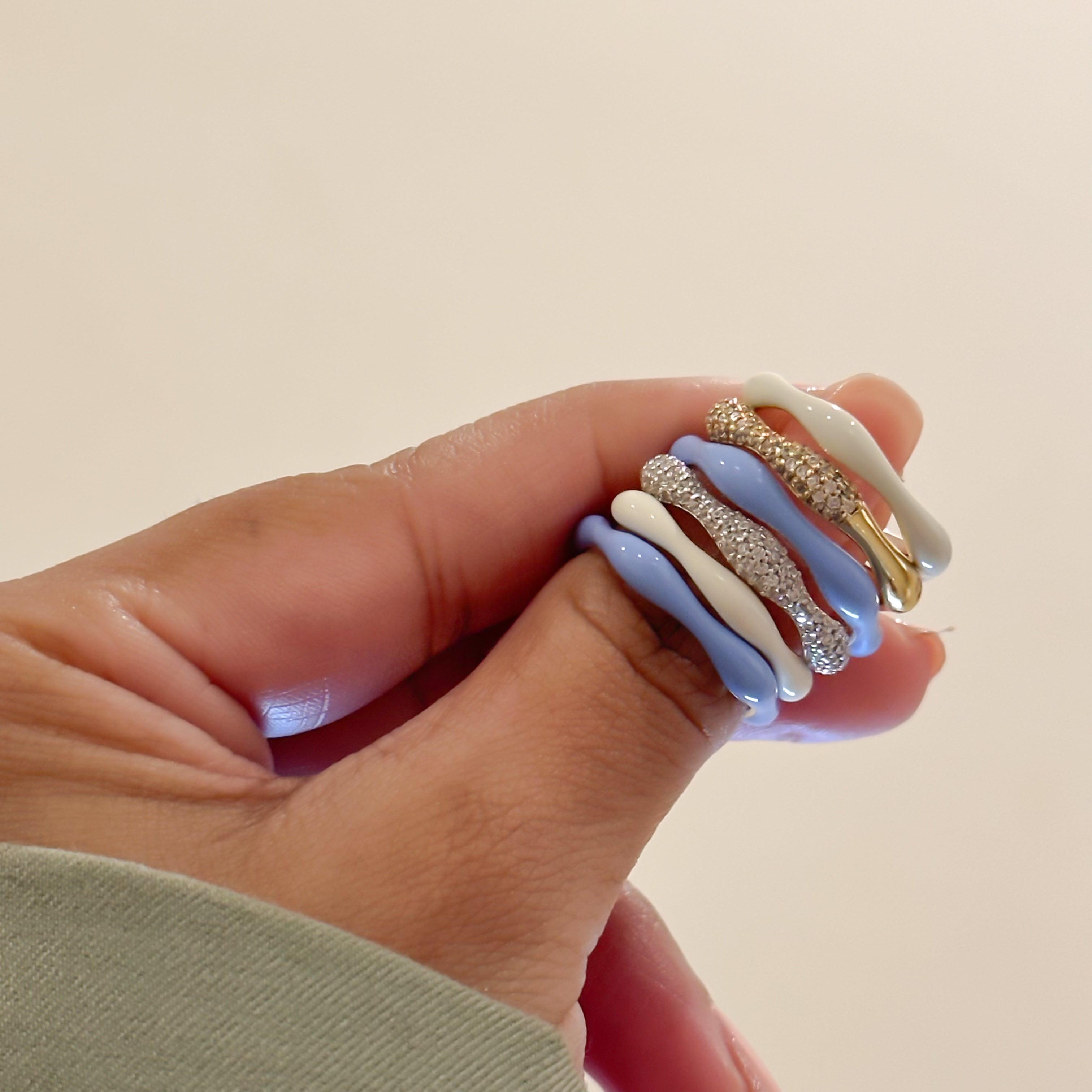 Sorbet Swirls Enamel & Diamond Swirls Stacker Ring Set in Blue Moon +Vanilla - Octonov