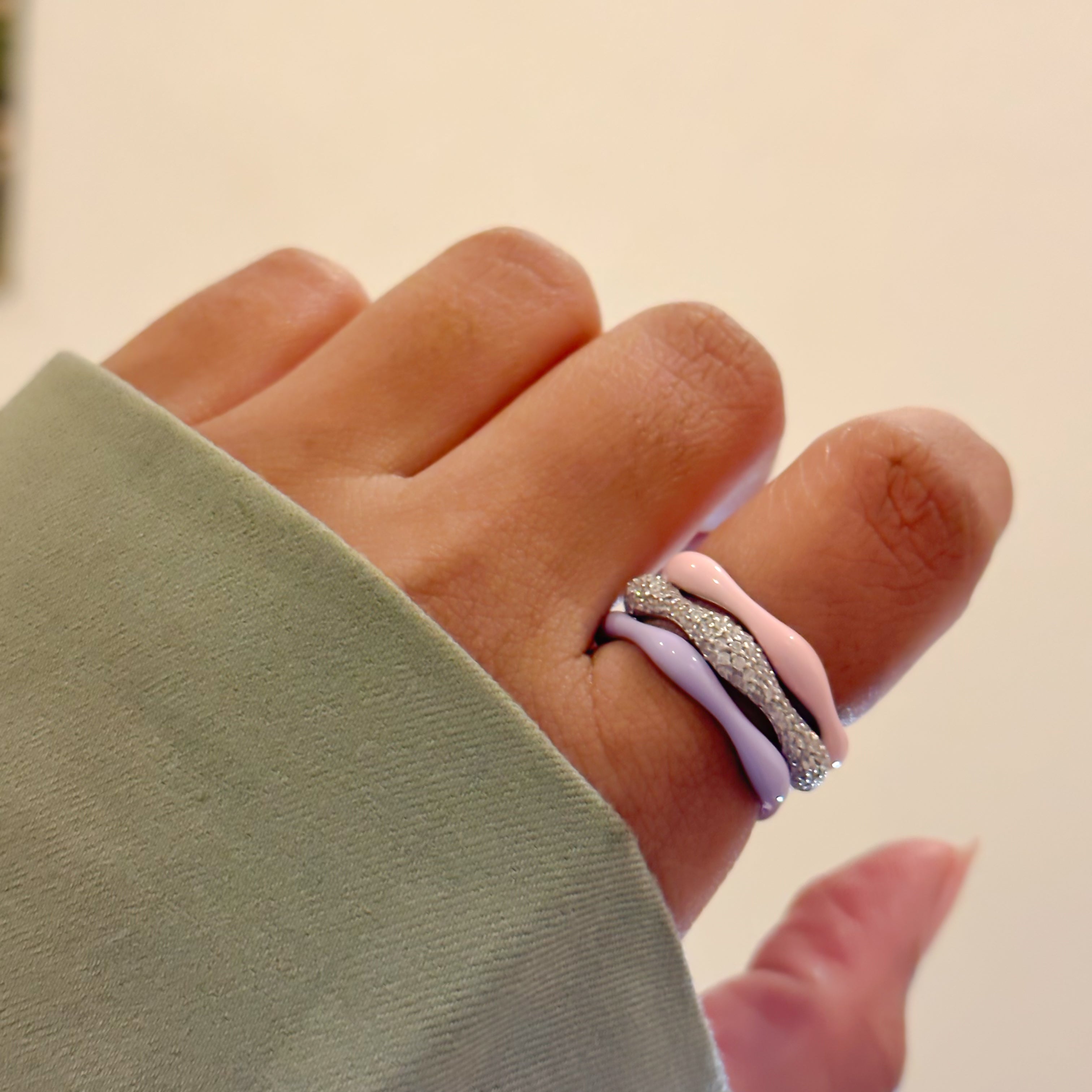 Sorbet Swirls Enamel & Diamond Swirls Stacker Ring Set in Lavender + Bubblegum - Octonov