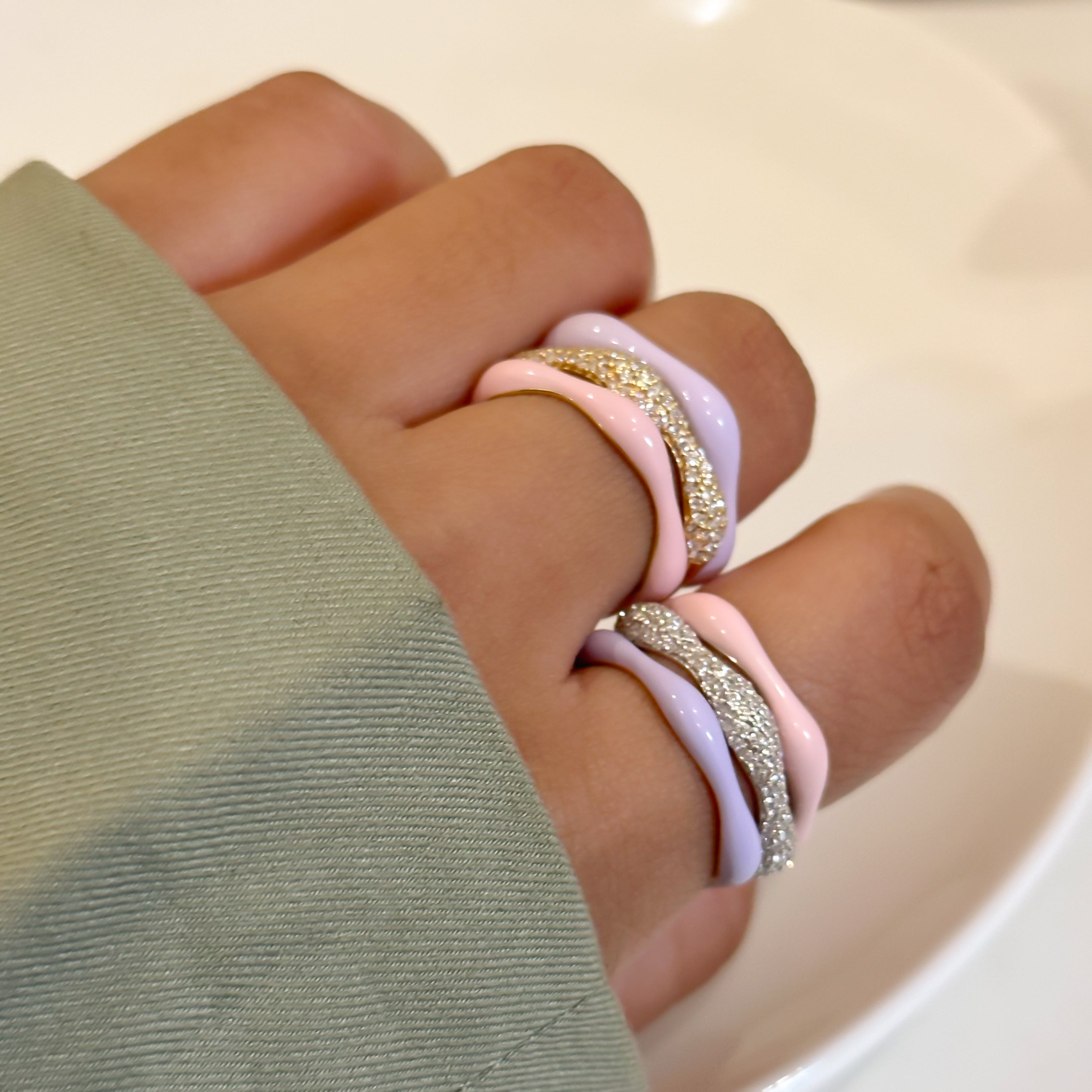 Sorbet Swirls Enamel & Diamond Swirls Stacker Ring Set in Lavender + Bubblegum - Octonov
