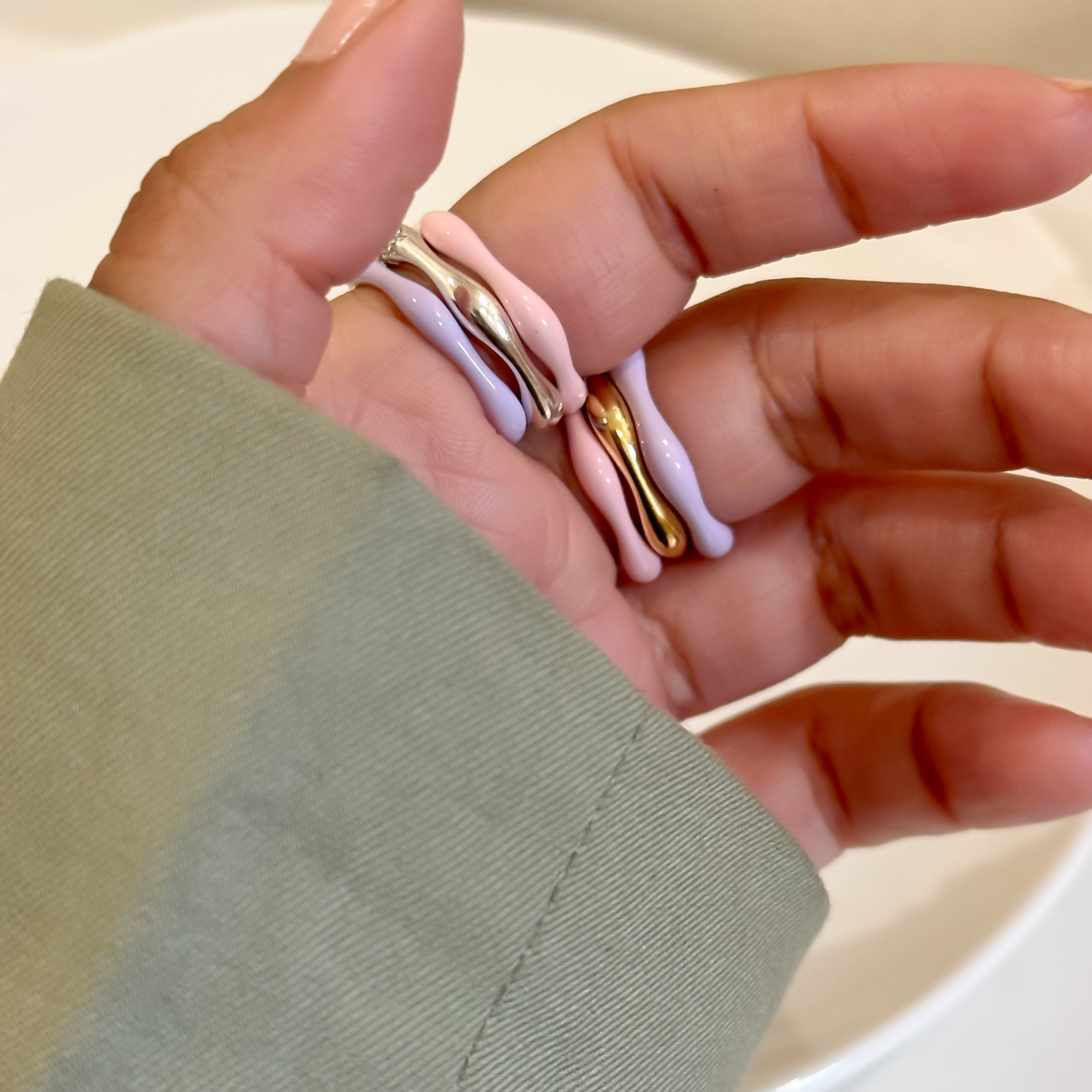 Sorbet Swirls Enamel & Diamond Swirls Stacker Ring Set in Lavender + Bubblegum - Octonov