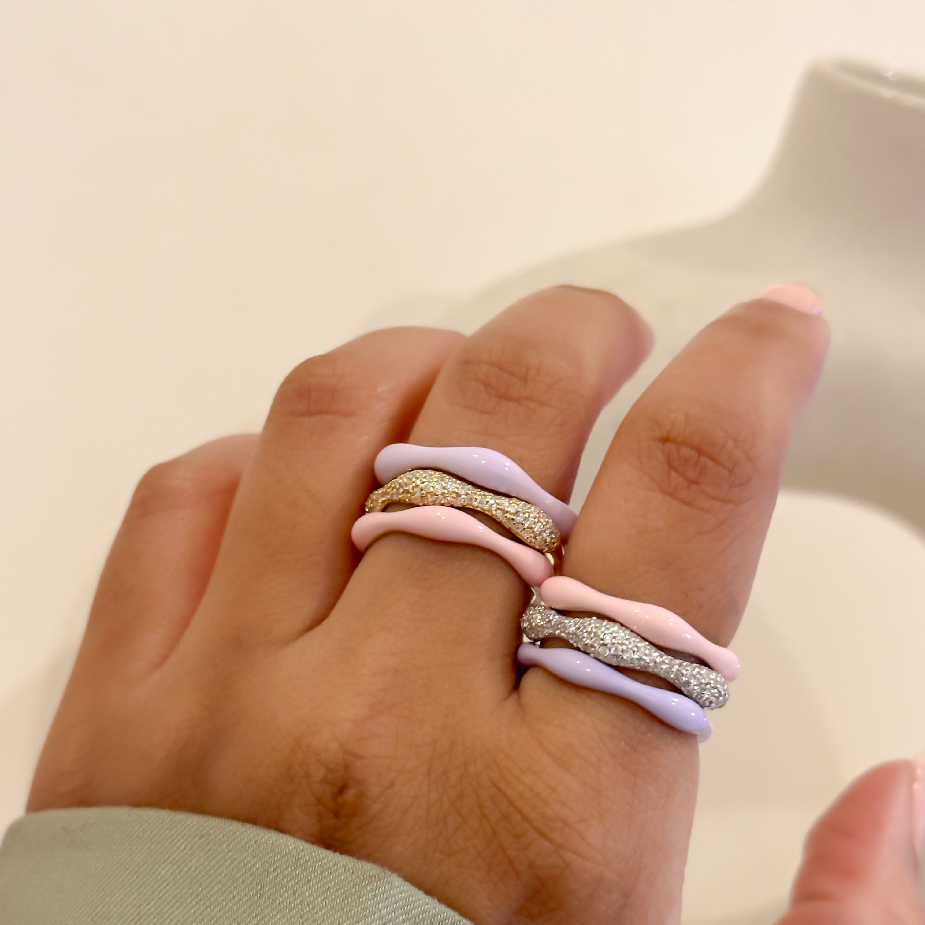 Sorbet Swirls Enamel & Diamond Swirls Stacker Ring Set in Lavender + Bubblegum - Octonov