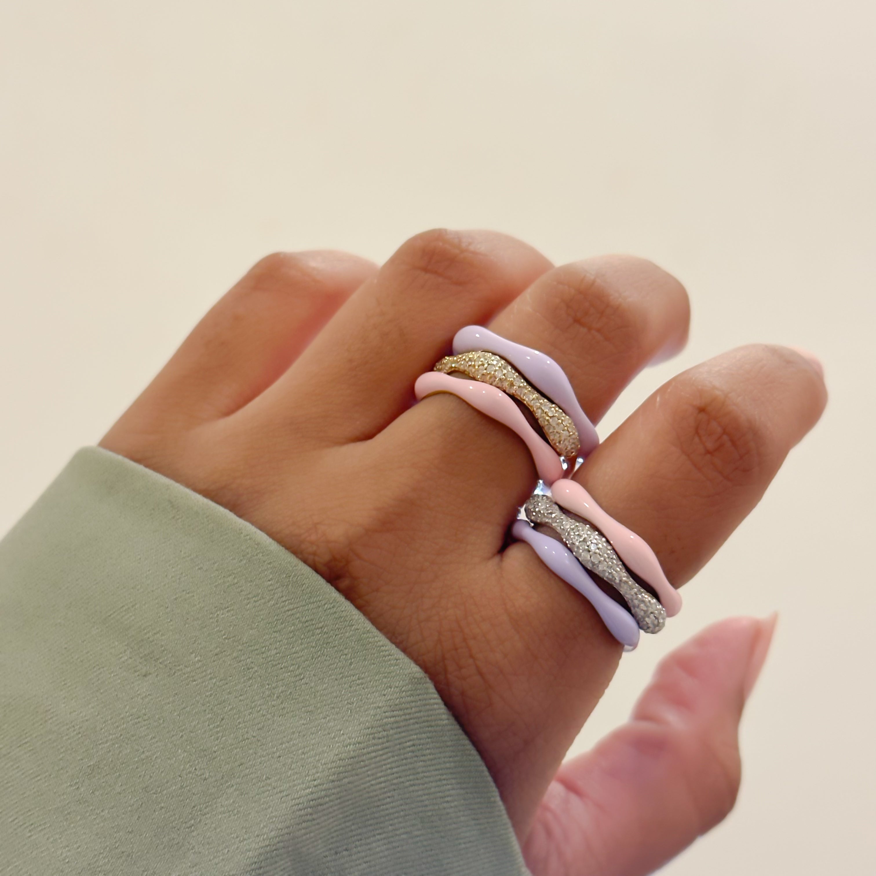 Sorbet Swirls Enamel & Diamond Swirls Stacker Ring Set in Lavender + Bubblegum - Octonov