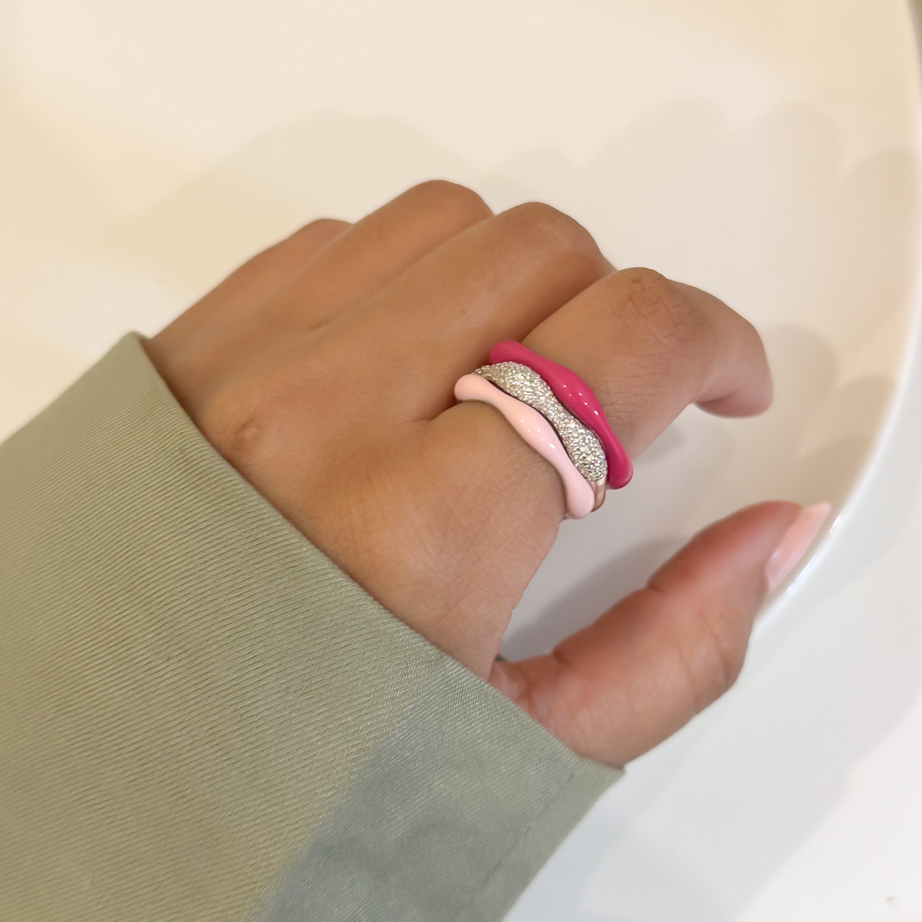 Sorbet Swirls Enamel & Diamond Swirls Stacker Ring Set in Bubblegum + Hot Pink - Octonov