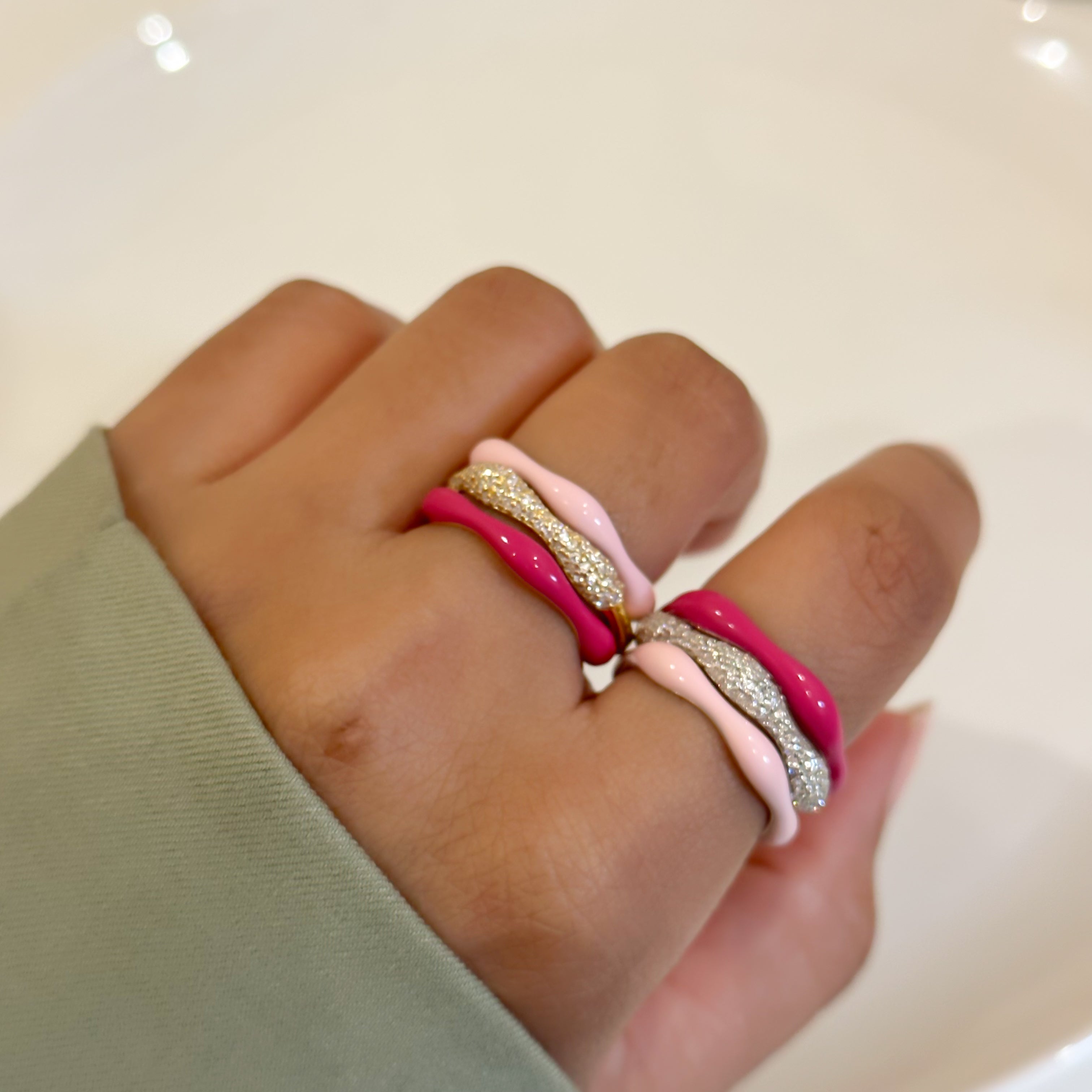 Sorbet Swirls Enamel & Diamond Swirls Stacker Ring Set in Bubblegum + Hot Pink - Octonov